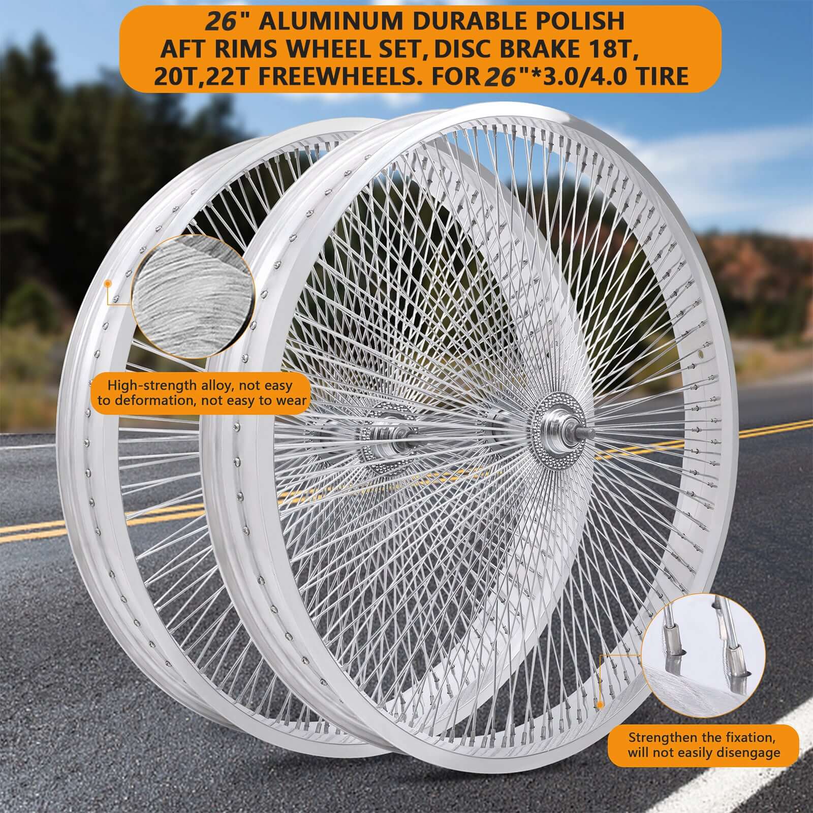 Tracer WH-TR7526140 26"x3"x13Gx140H Aluminum Polish FAT Rims Wheel Set.