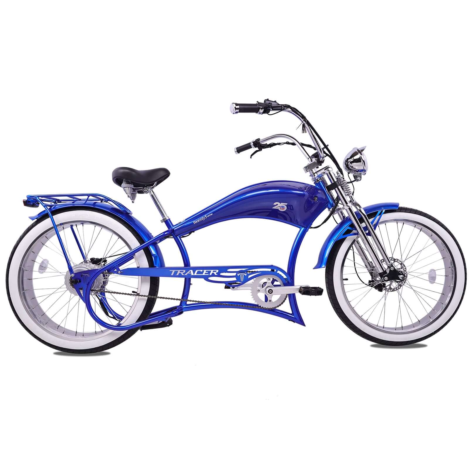 Side view of the deep blue Twenty5 800W Chopper Stretch cruiser ebike with a powerful motor.