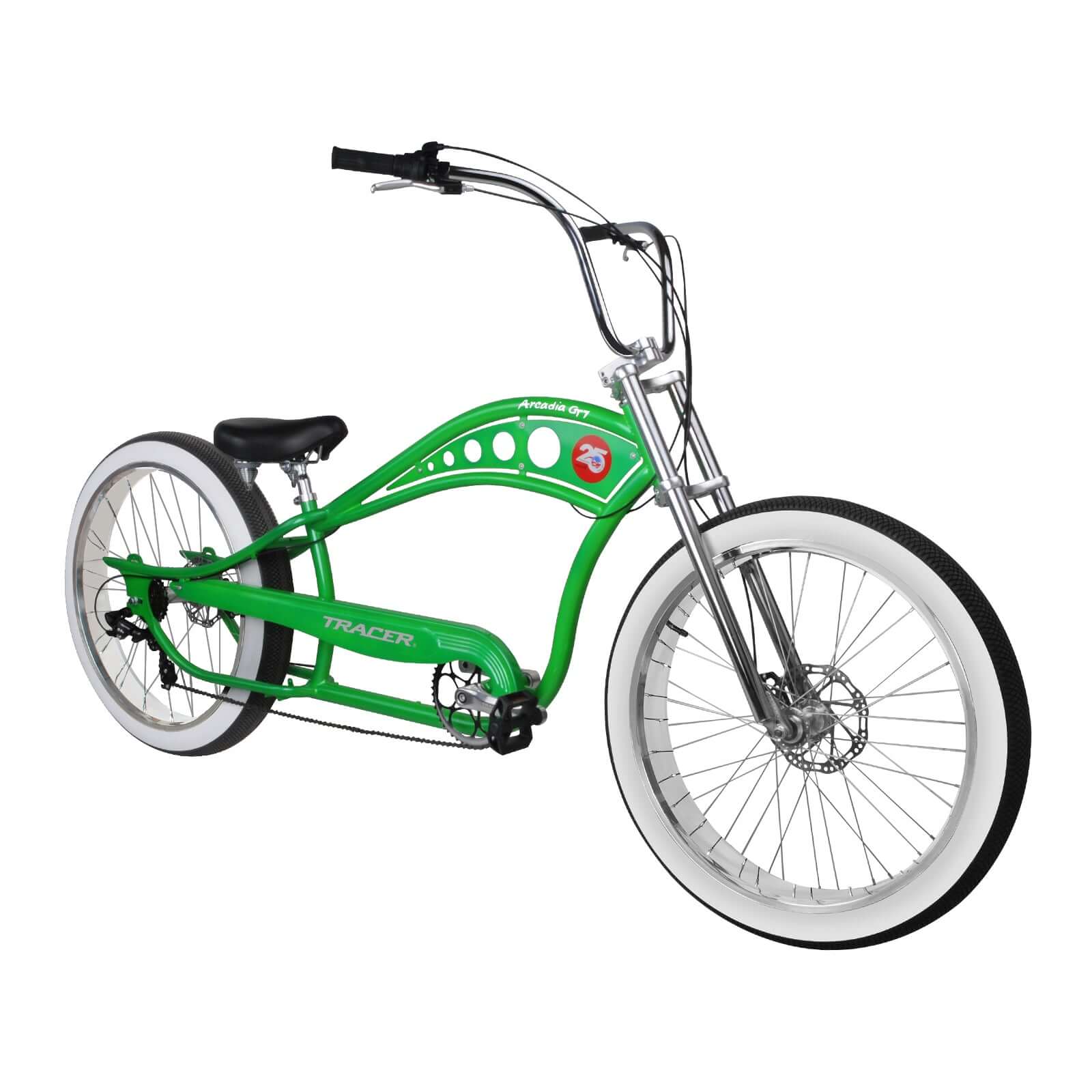 Front angled view of the Tracer Arcadia GT7 26” Chopper Cruiser Stretch Bike, highlighting its chopper-style handlebar and wheel.