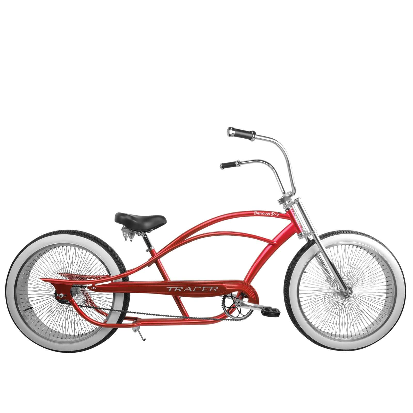 Tracer Beacon Pro 140H Stretch Cruiser Bike side profile showcasing the unique frame and highrise handlebar.