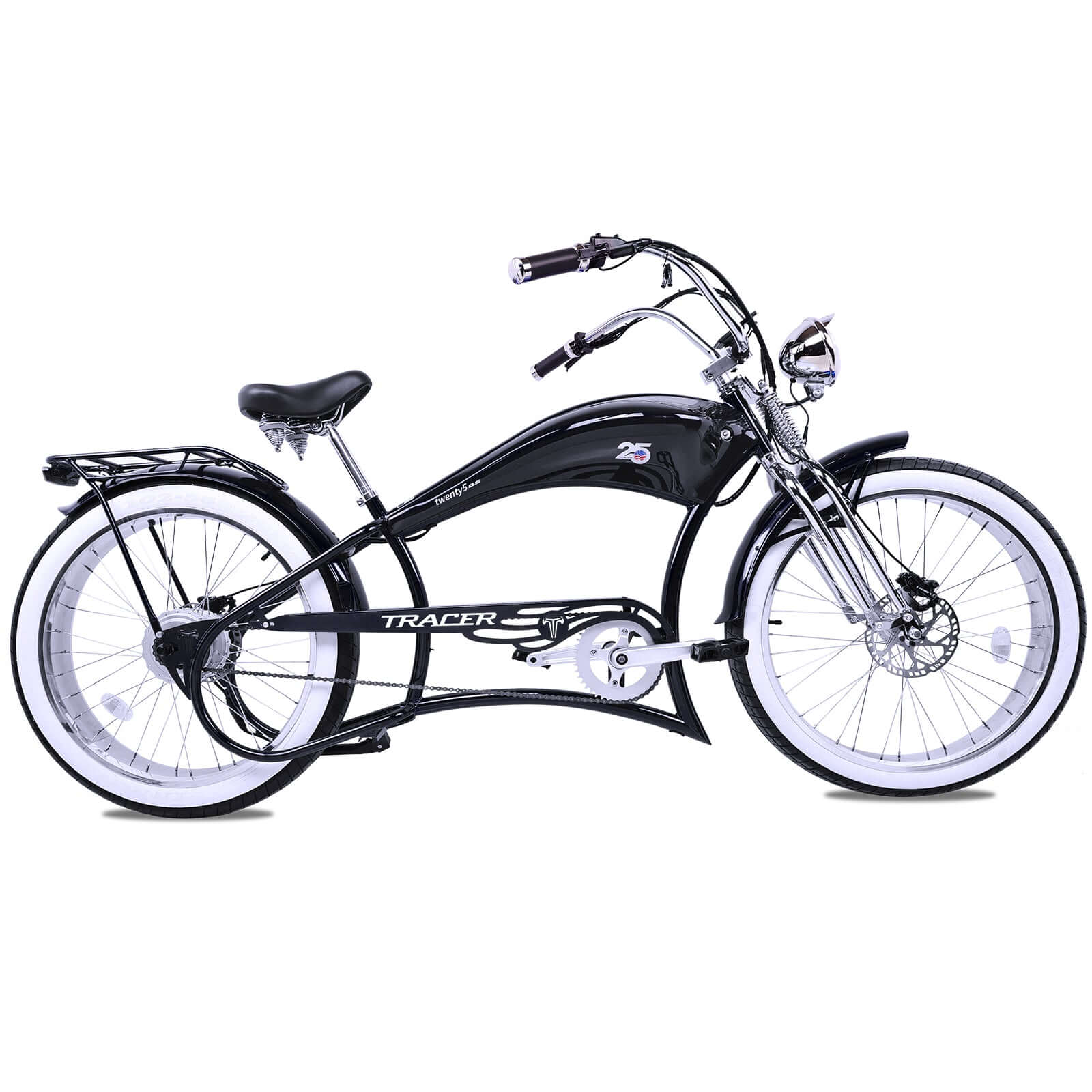 Side view of the black Twenty5 800W Chopper Stretch cruiser ebike with white rims and wheels.