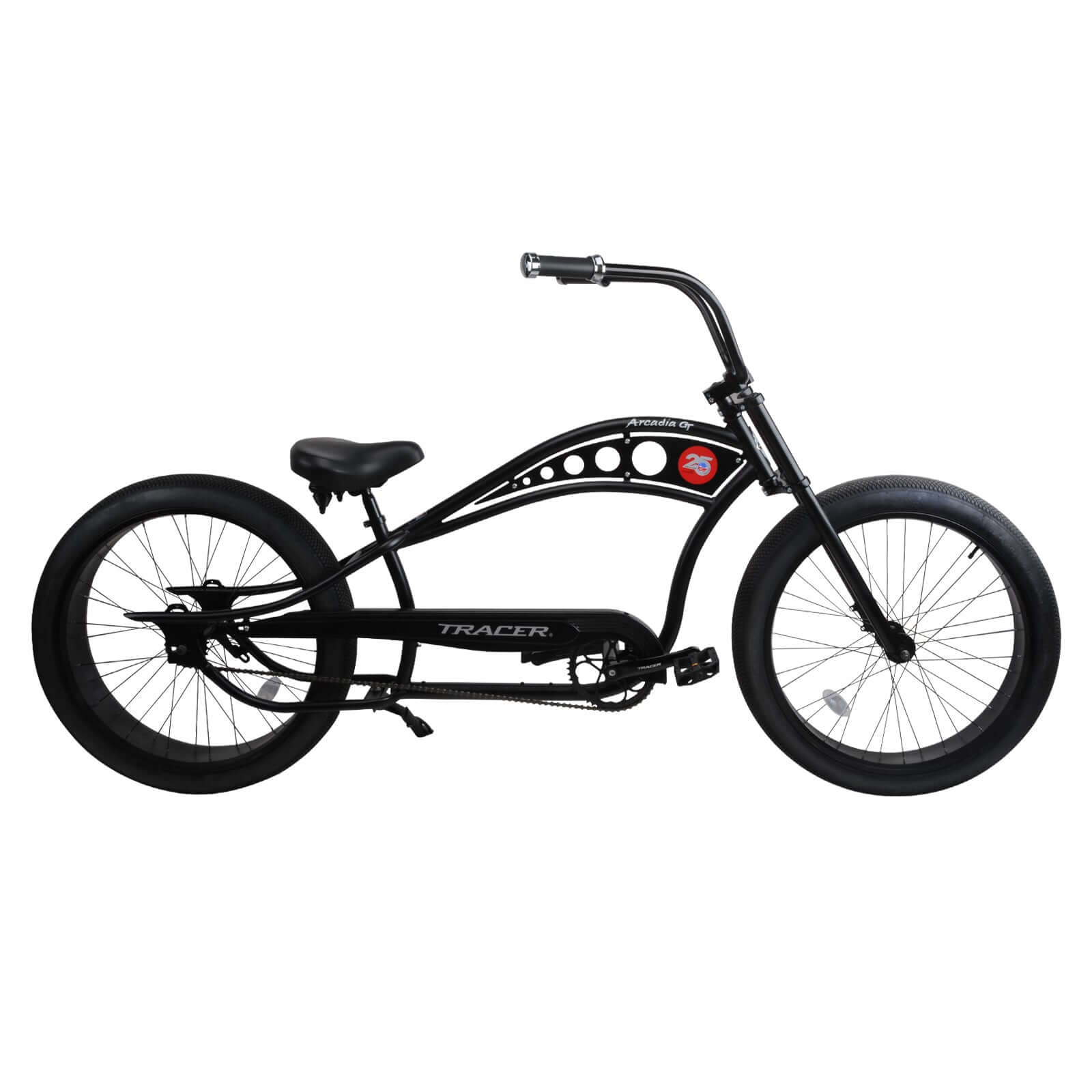 Full-body shot of the black Tracer Arcadia GT Chopper Bicycle.