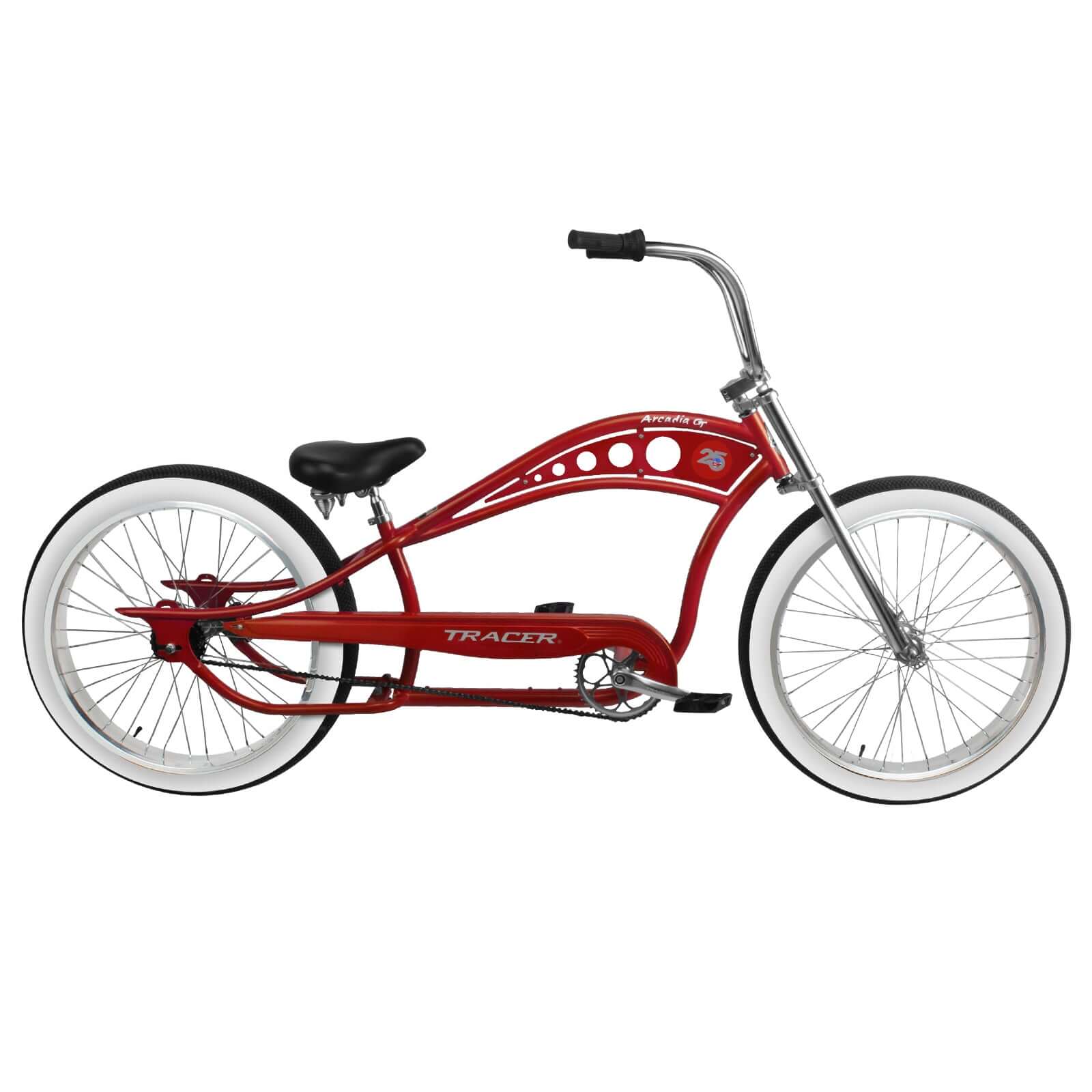 Side view of the red Tracer Arcadia GT Chopper Cruiser Bike, showcasing its sleek profile.