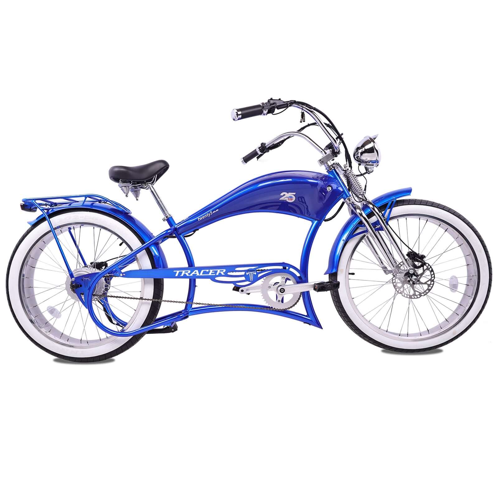 Side view of the deep blue Twenty5 800W Chopper Stretch cruiser ebike with stylish fat tires and a modern frame.