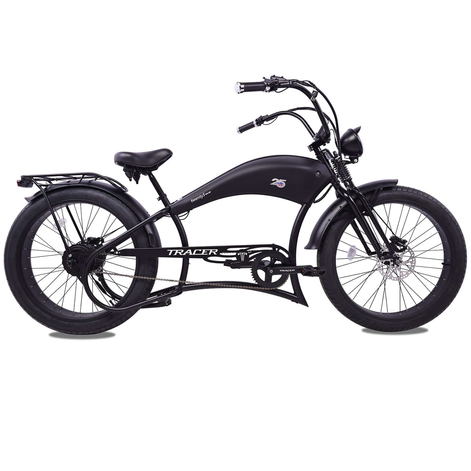 Side view of the all black Twenty5 800W electric cruiser bike with a specially designed frame.