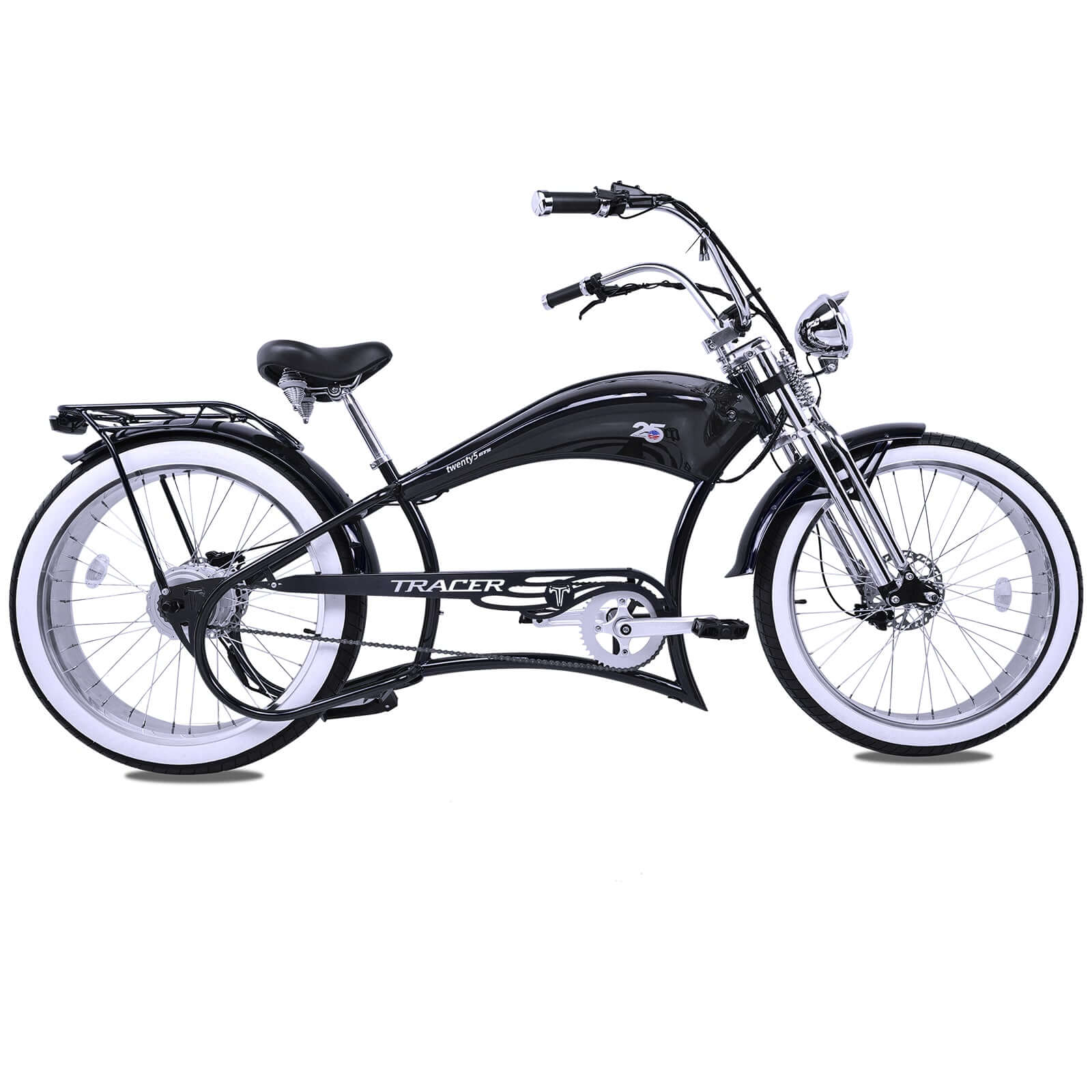 Side view of the Twenty5 800W Electric Stretched Beach cruiser bike with a modern design.