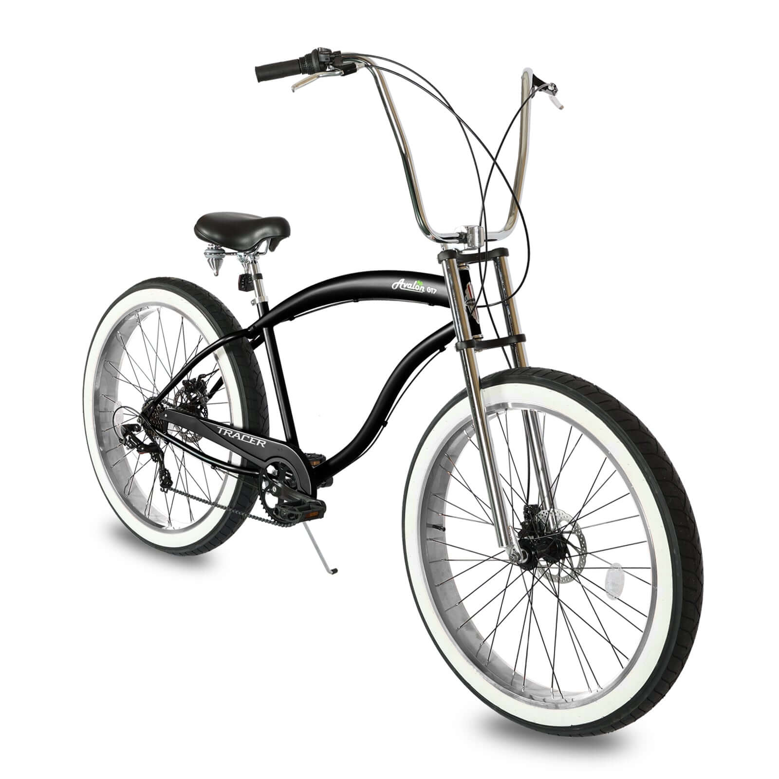 Front view of the Tracer Avalon GT 29'' Fat Tire stretch Beach Cruiser Bike, showing its chopper-style handlebar and overall design language.