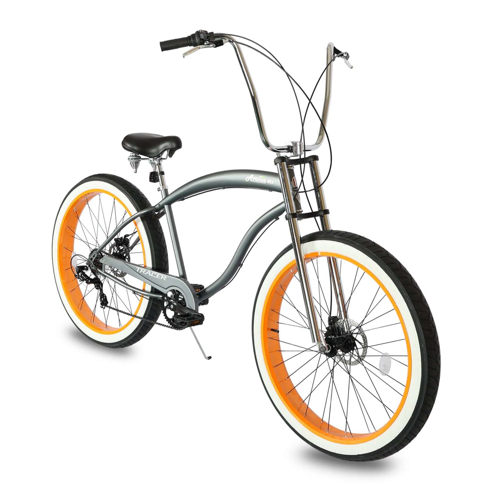 Front view of the Tracer Avalon GT 29'' Fat Tire stretch Beach Cruiser Bike 1-Speed/7-Speed, showing off its high-rise handlebar and fat tires.