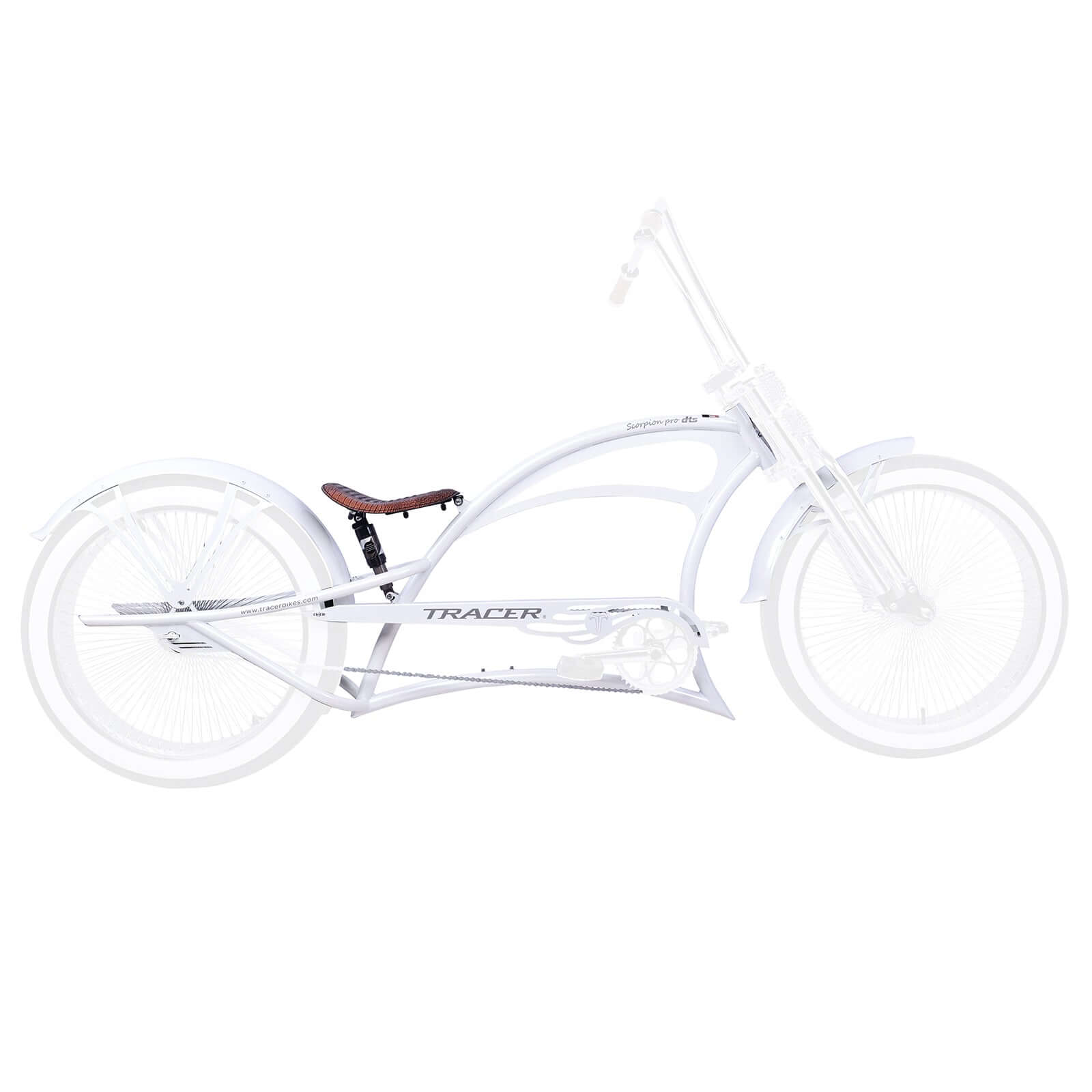 Tracer FM-SCORPION 26" Stretch Chopper Cruiser bike with oversized steel frame and unique design.
