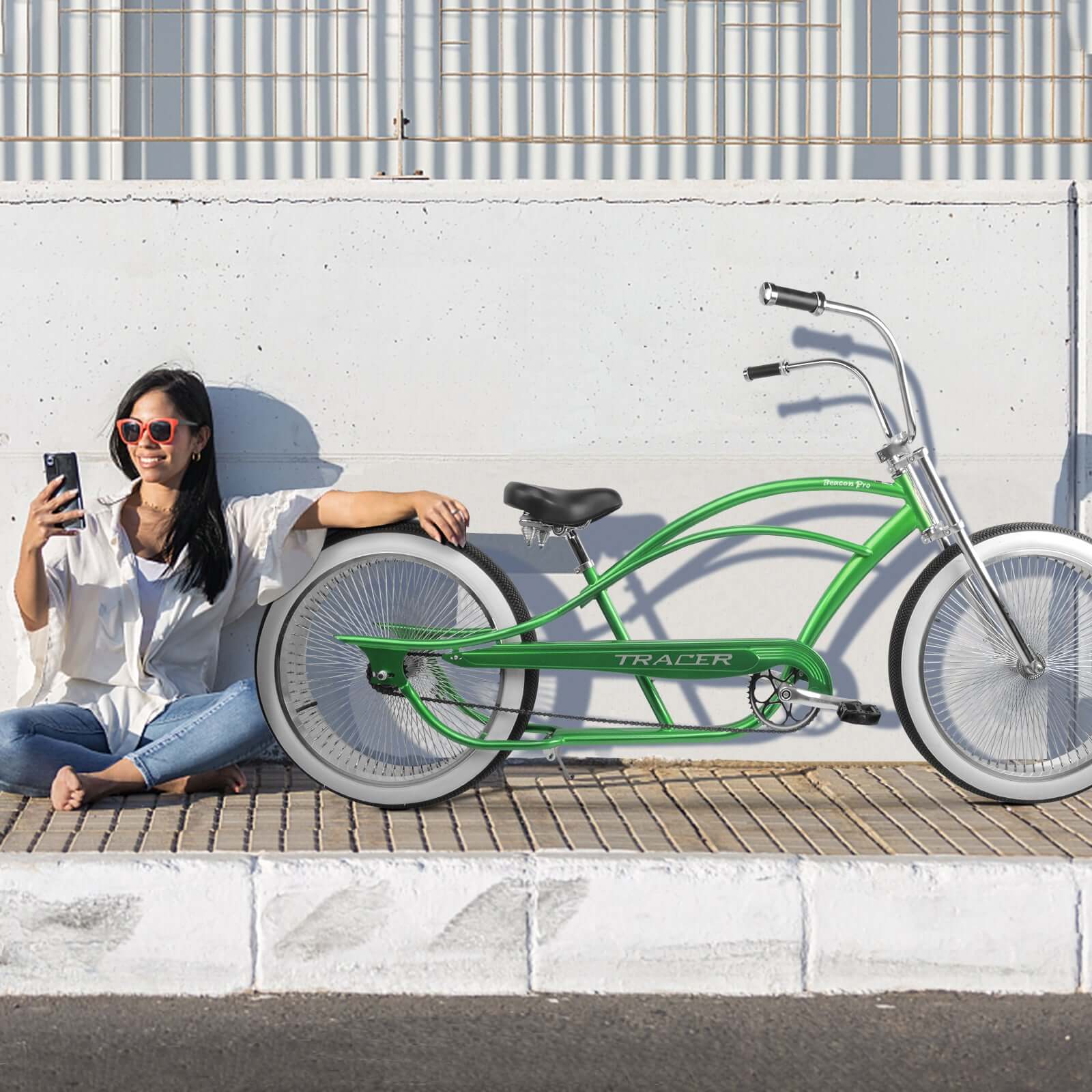 Going outside with Tracer Beacon Pro 140H Stretch Cruiser Bike in the city.