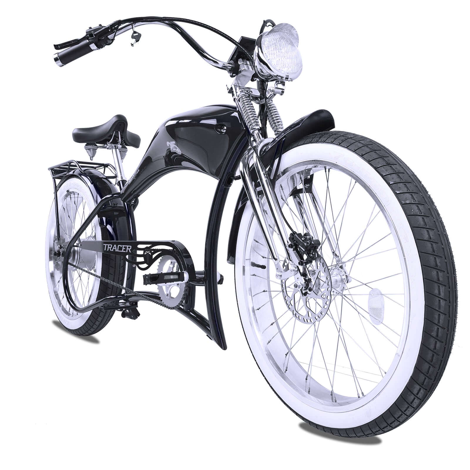 Front view of the Twenty5 800W Electric Stretch beach cruiser bike.
