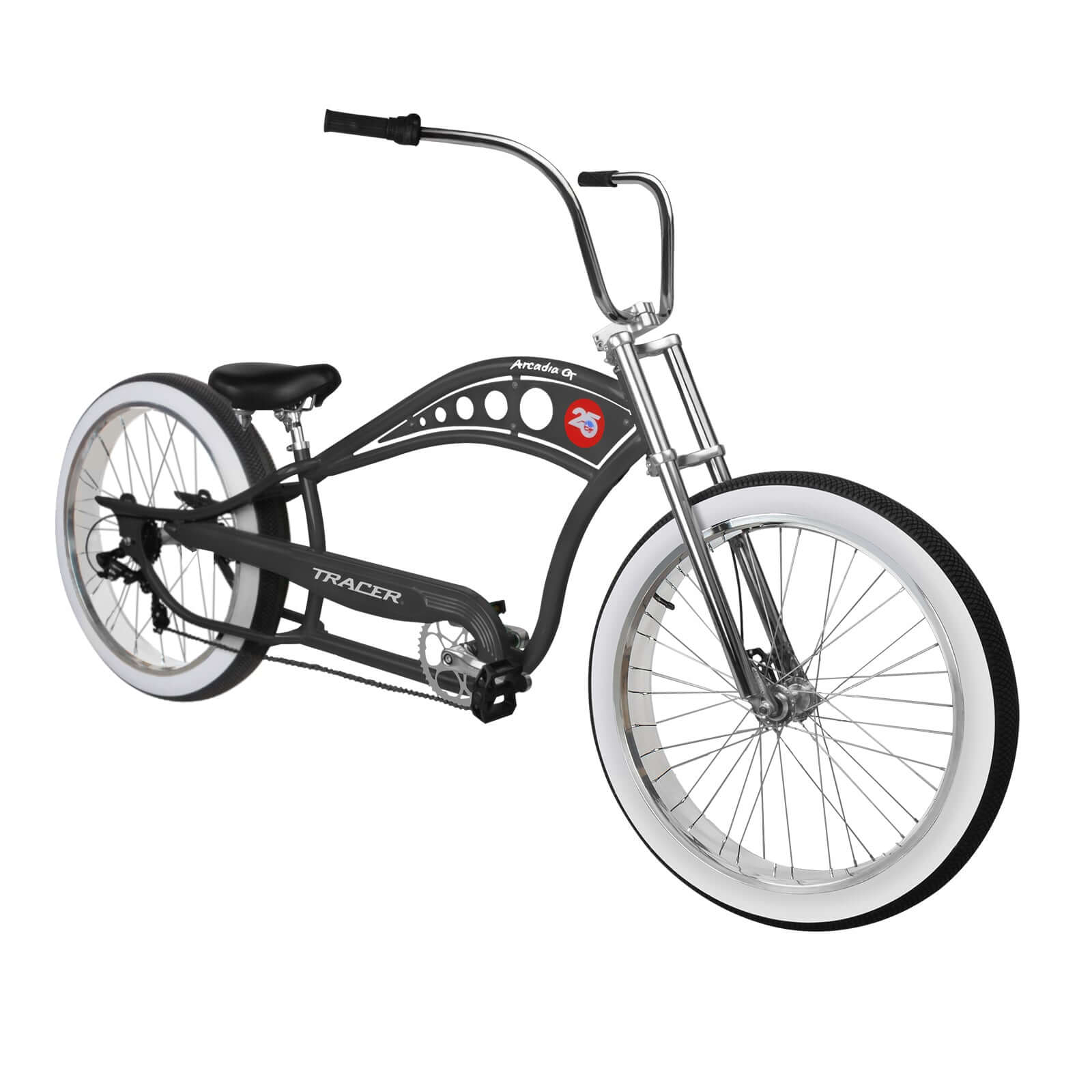 Tracer Arcadia GT7 26” Chopper Cruiser Stretch Bike Viewed from a front angle, showcasing its high handlebar and front wheel.