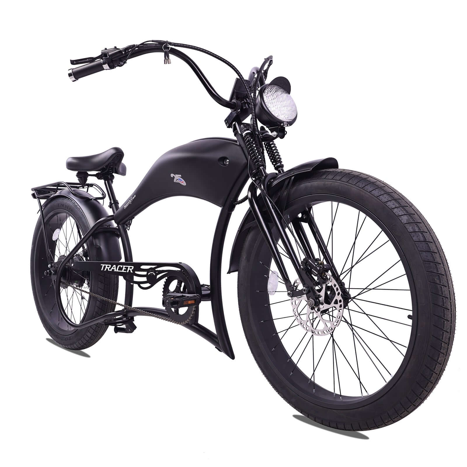 Front view of the black Twenty5 800W Chopper Stretch cruiser ebike showing the handlebar and front wheel.