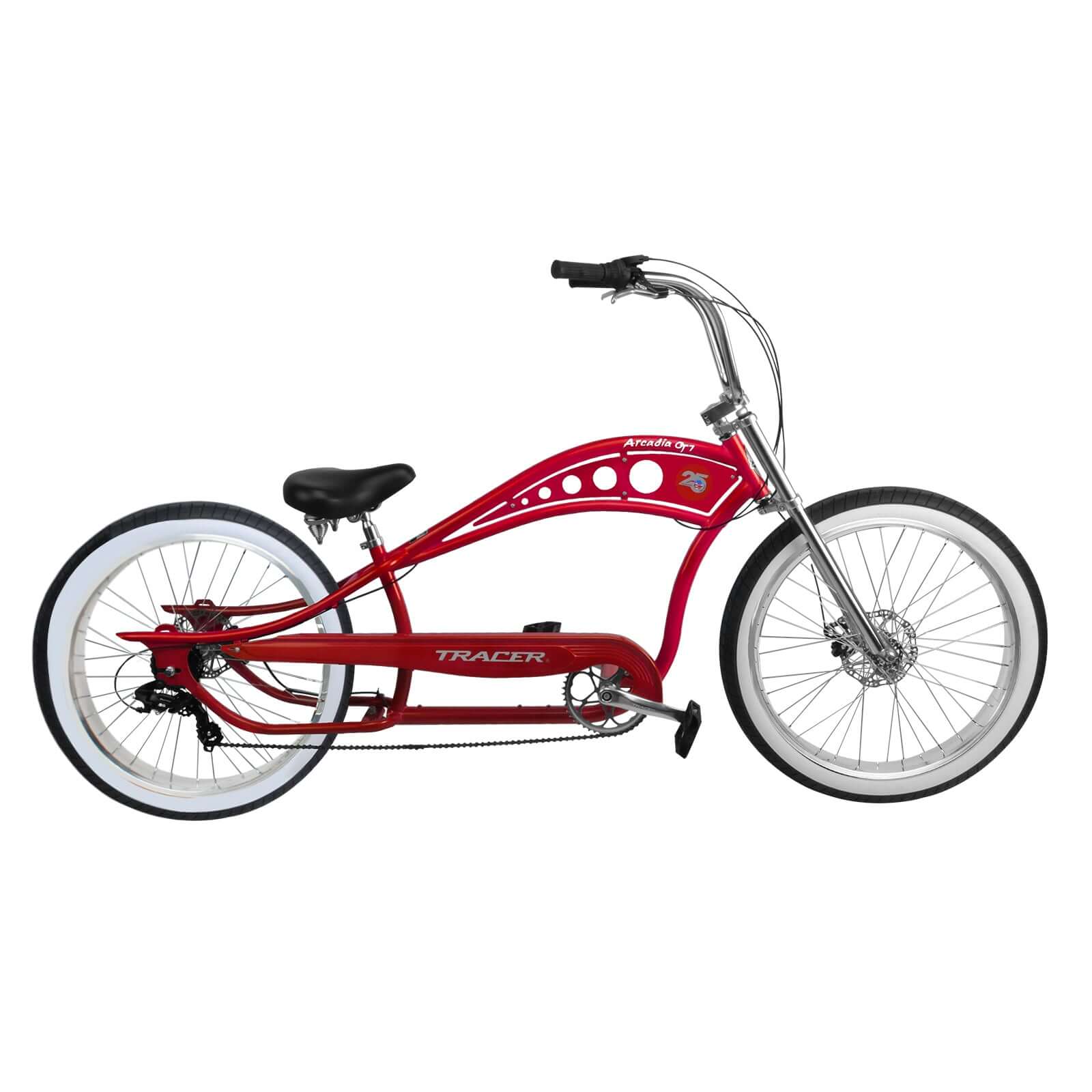 Profile display of the green Tracer Arcadia GT7 26” Chopper Cruiser Stretch Bike.
