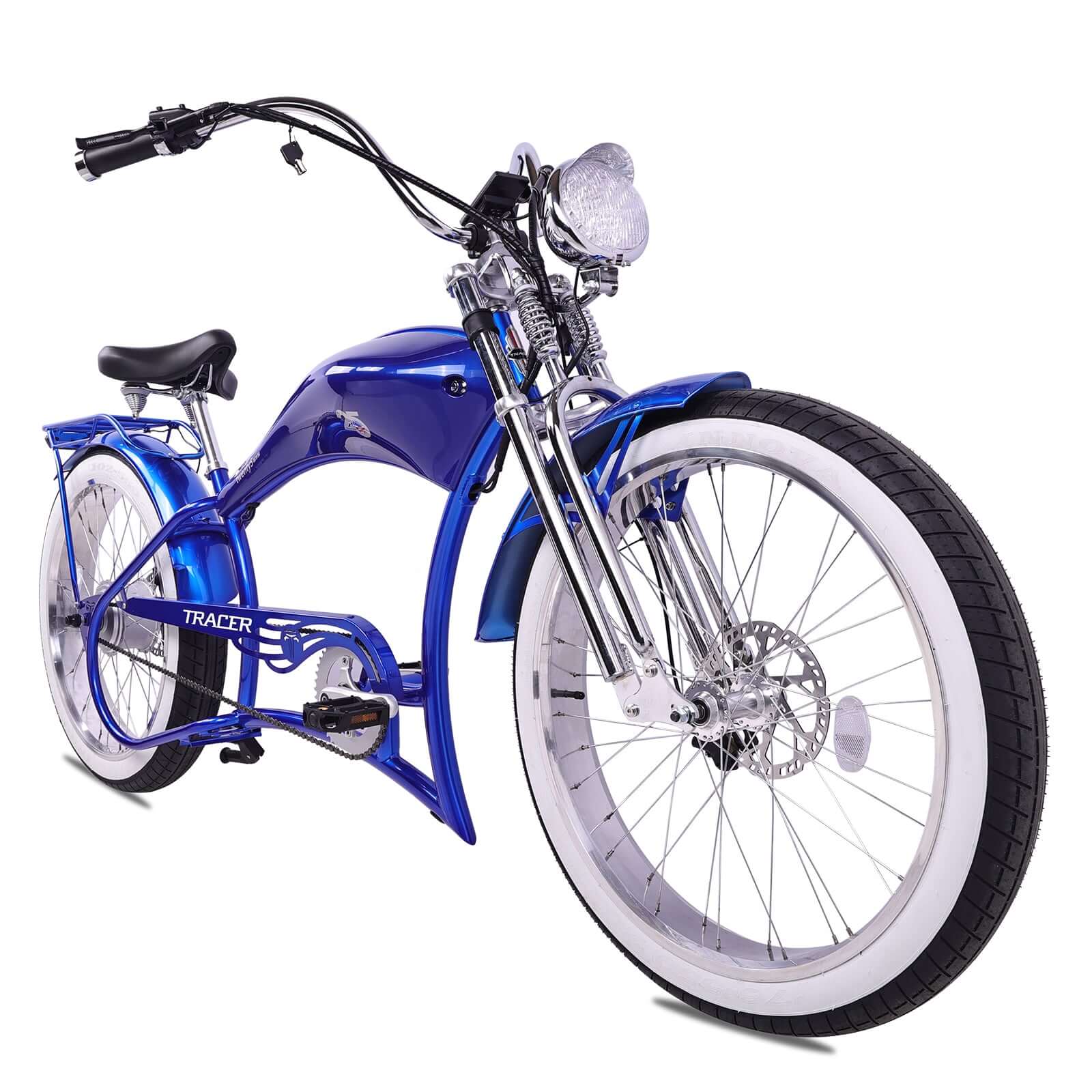 Angled view of the Twenty5 800W Electric Chopper Stretch cruiser bike, showcasing its disc brake and alloy rims.
