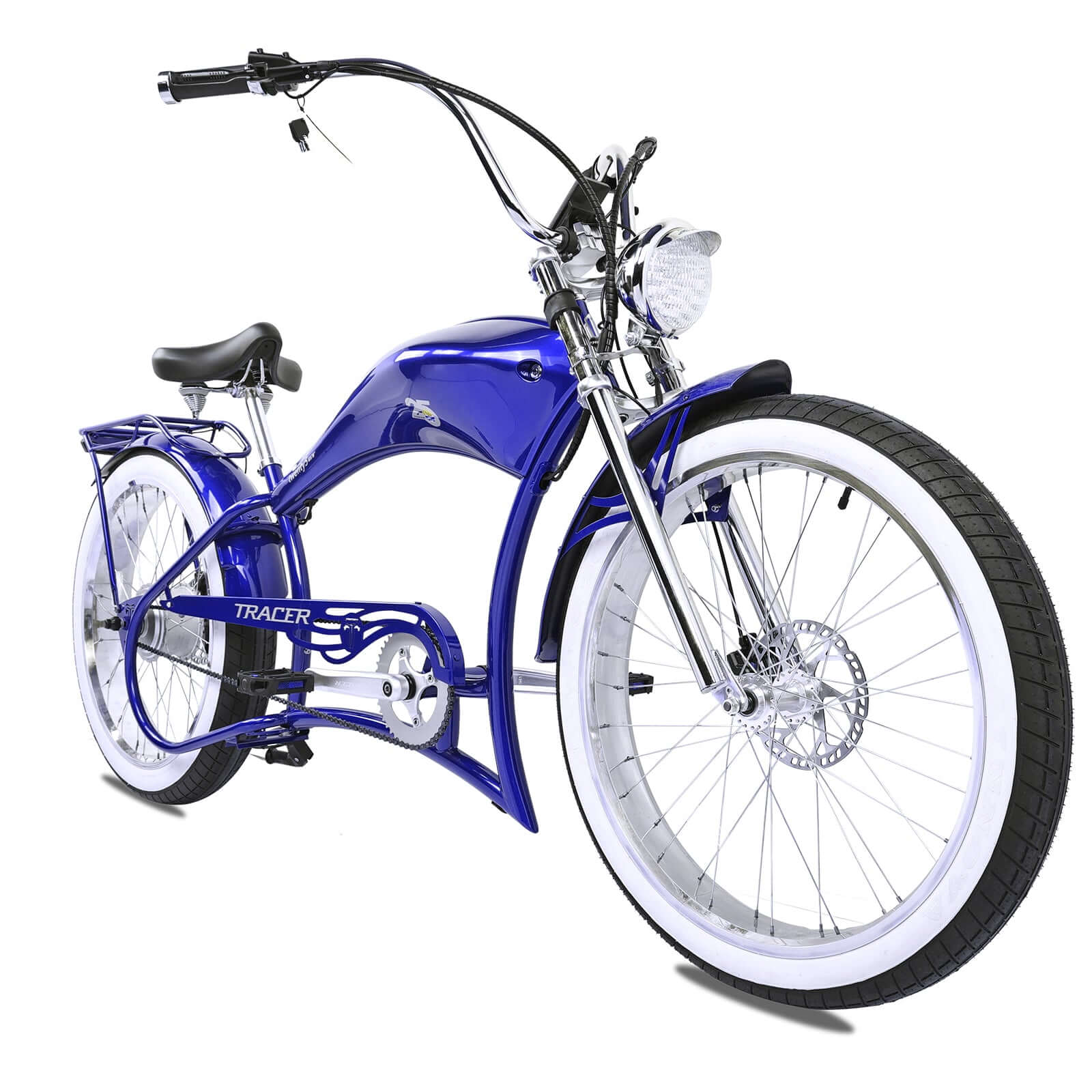 Front view of the blue Twenty5 800W electric Stretch cruiser bike.