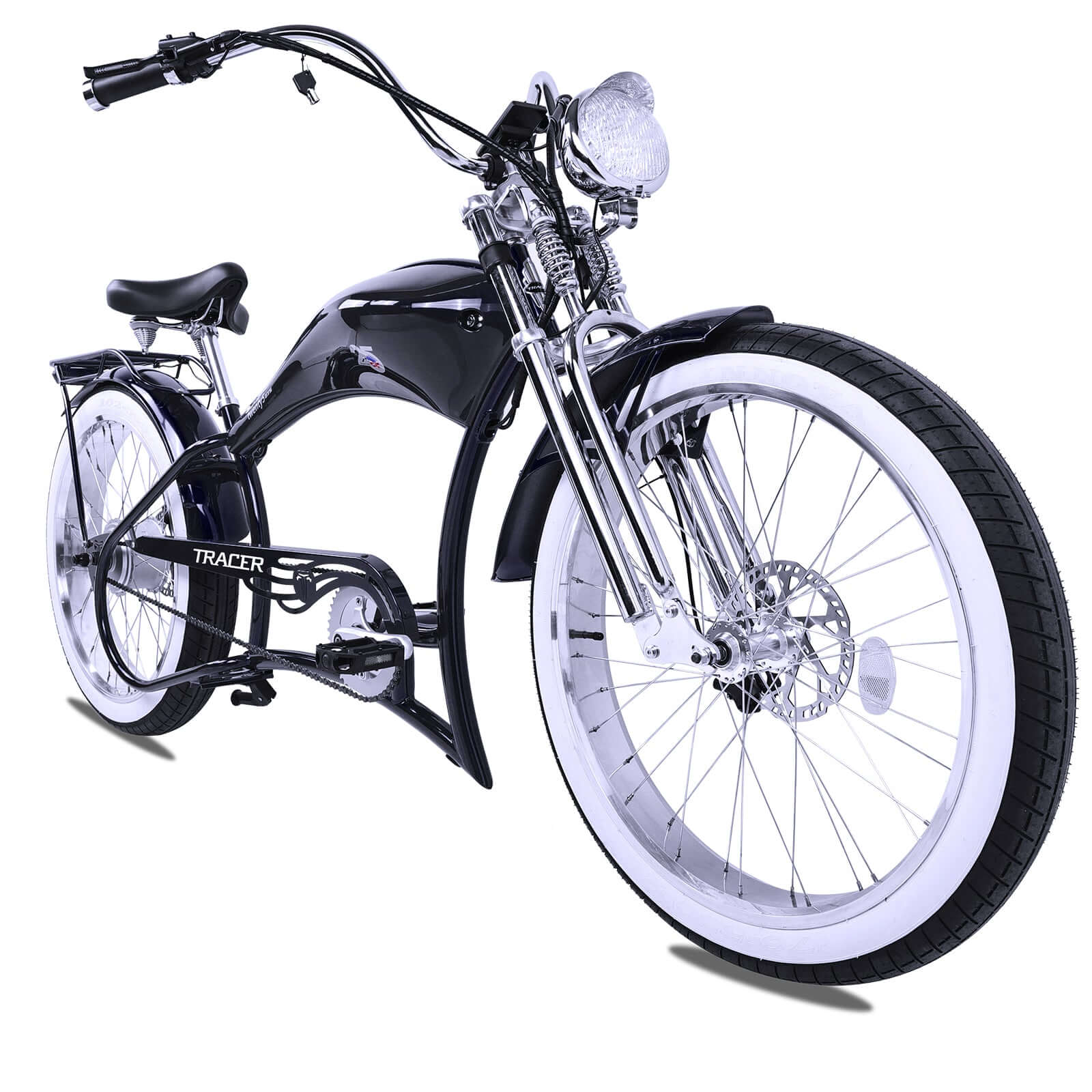 Front view of the black Twenty5 800W Electric Chopper bike, showing the front wheel and fork.