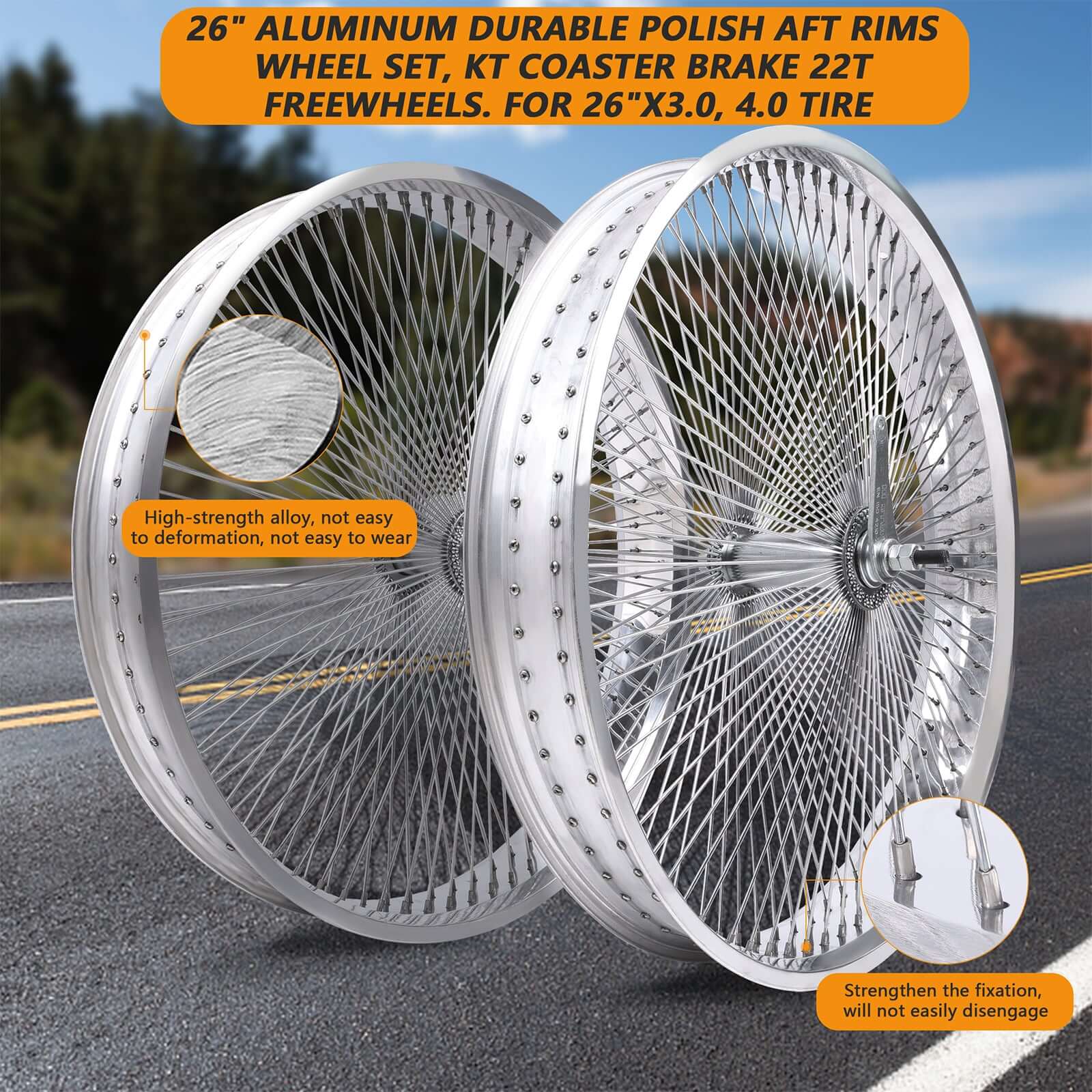 Tracer WH-TR7526140 26"x3"x13Gx140H Aluminum Polish FAT Rims Wheel Set.