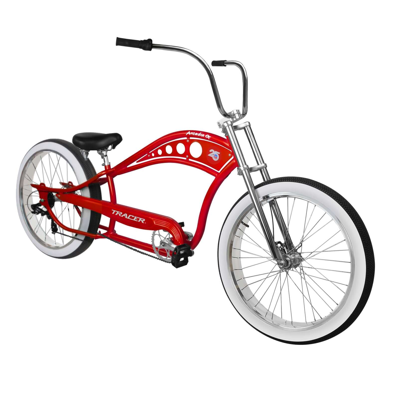 Front view of the red Tracer Arcadia GT Stretched Beach Cruiser Bike, highlighting its high rise handlebar and front wheel.
