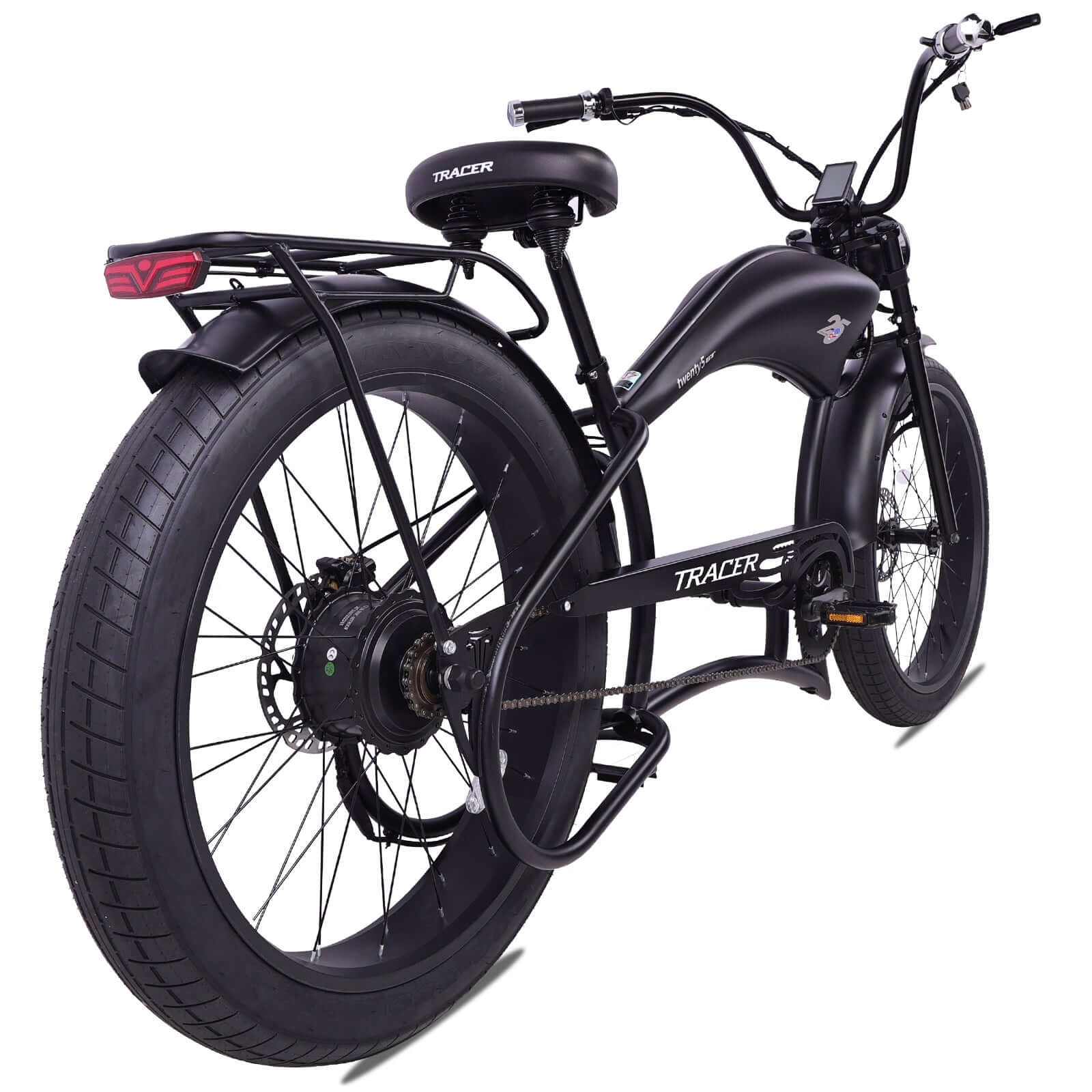 Rear view of the black Twenty5 800W Chopper Stretch cruiser ebike.