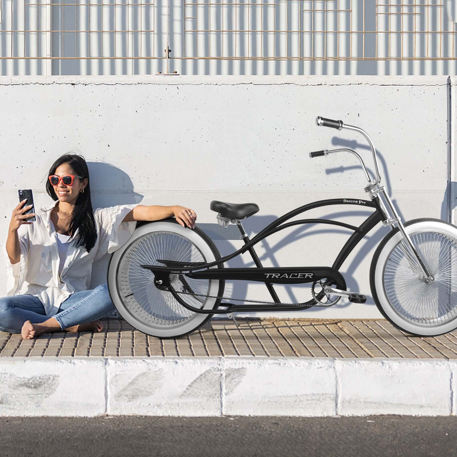 Rider in the outdoors with Tracer Beacon Pro 140H Stretched Cruiser Bike
