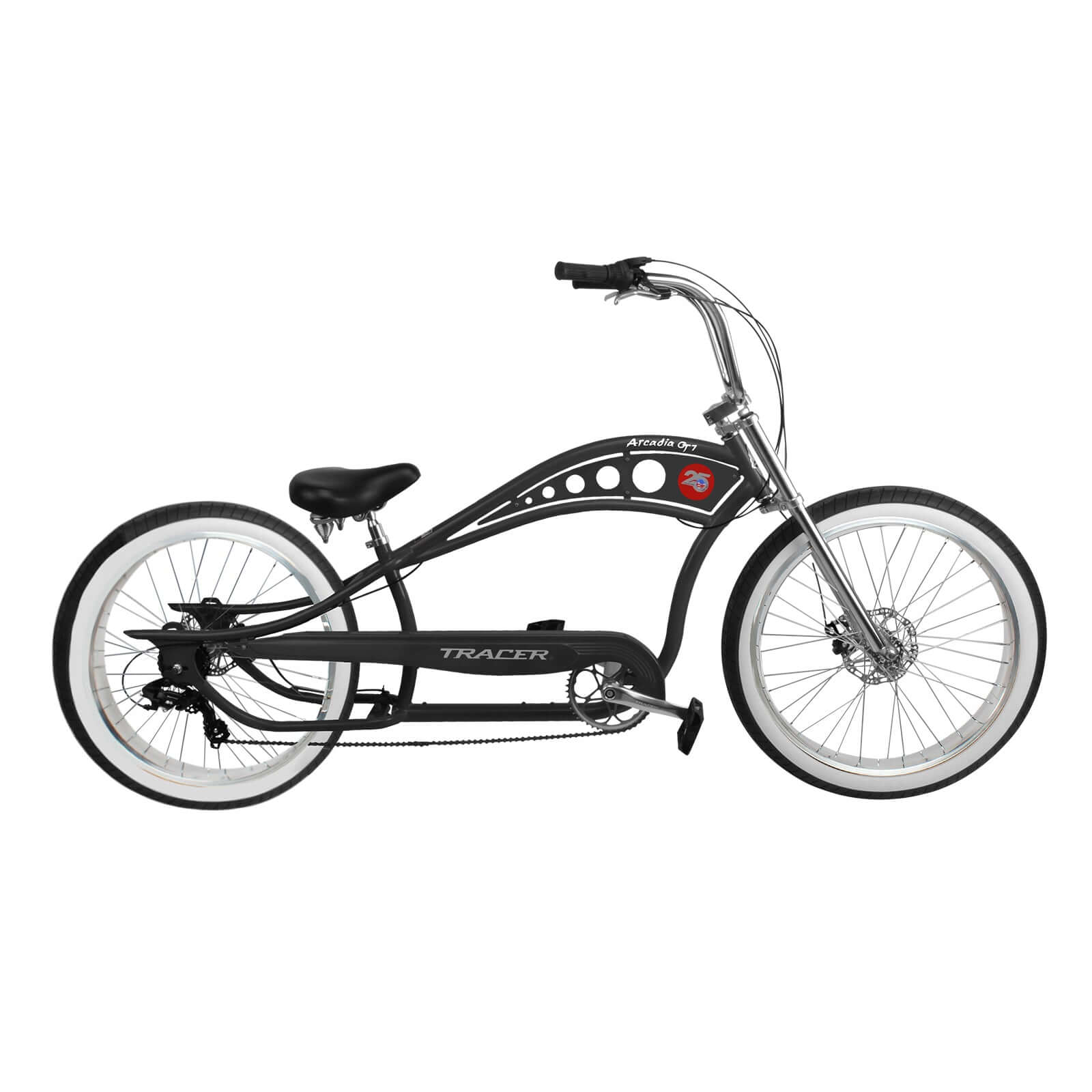 Side view of the black Tracer Arcadia GT7 26” Stretched Beach Cruiser Bicycle, showing its chopper-style design language.
