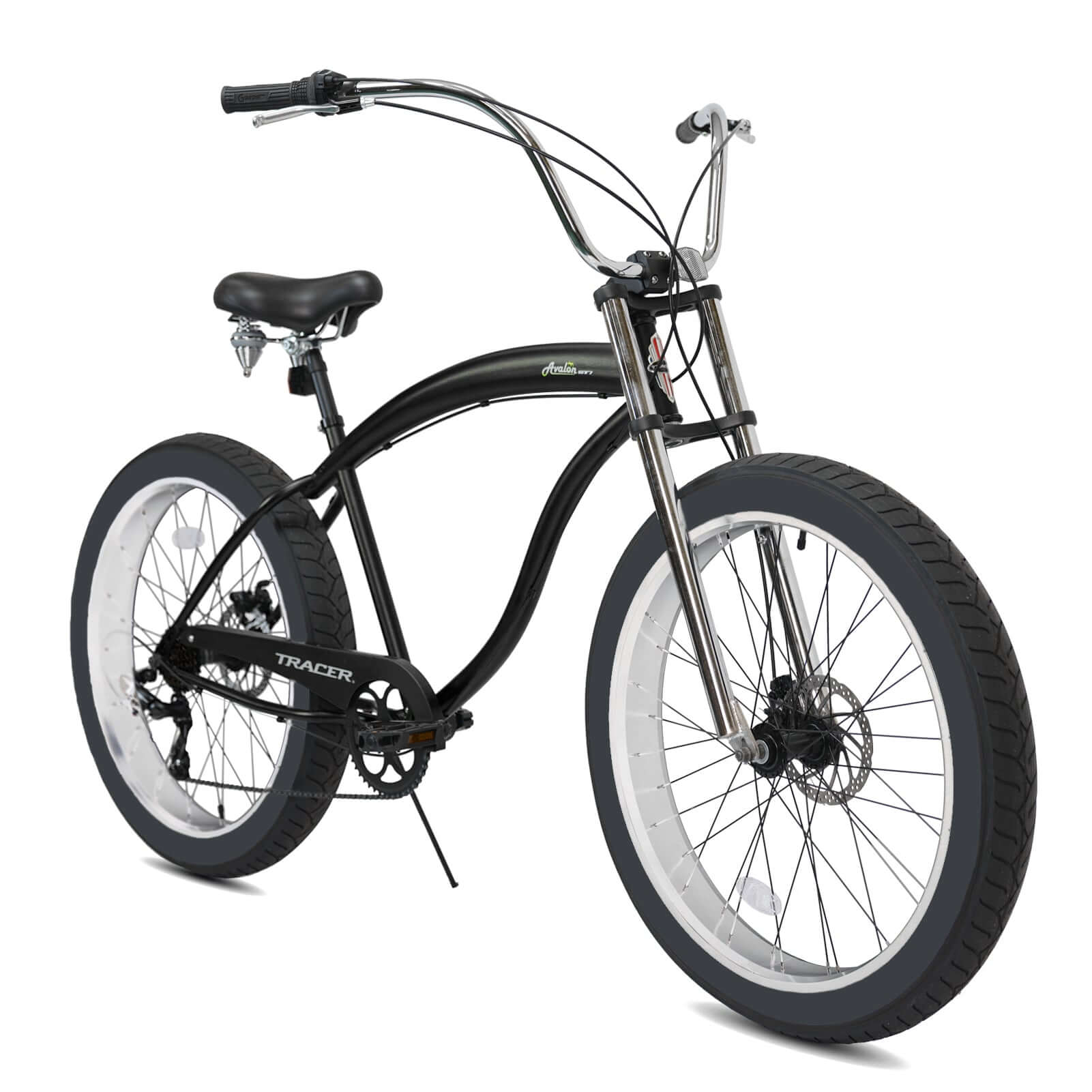 Tracer Avalon GT 29'' Fat Tire stretch Beach Cruiser Bike 1-Speed/7-Speed showcase of the overall chopper-like design language.