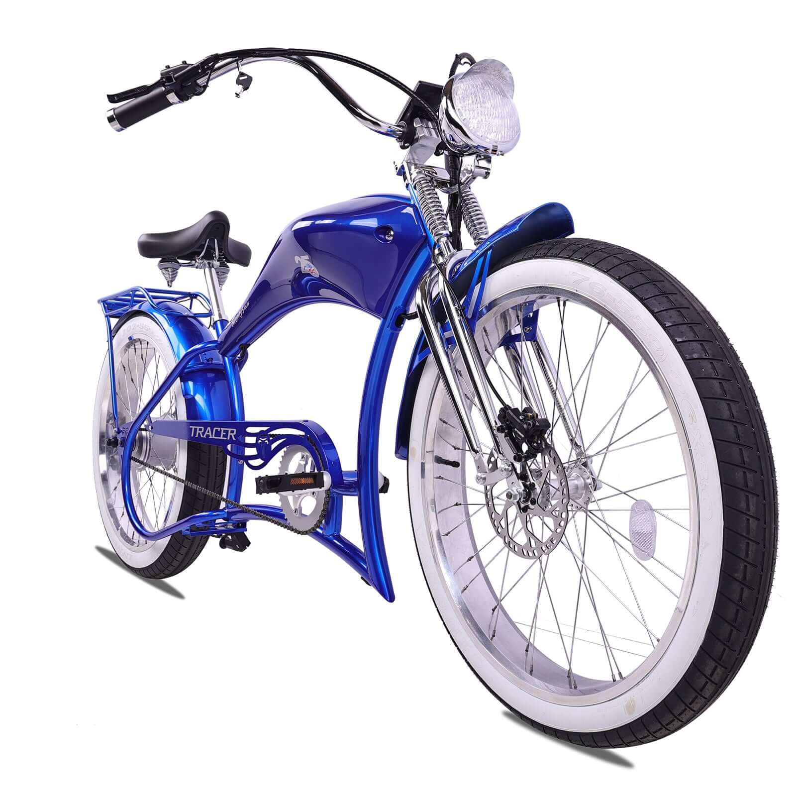 Front view of the Twenty5 800W Chopper Stretch cruiser ebike with stylish handle bar.