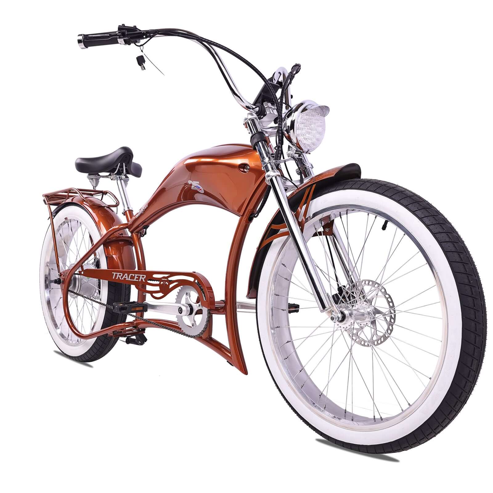 Front view of the red Twenty5 800W Chopper Stretch cruiser ebike.