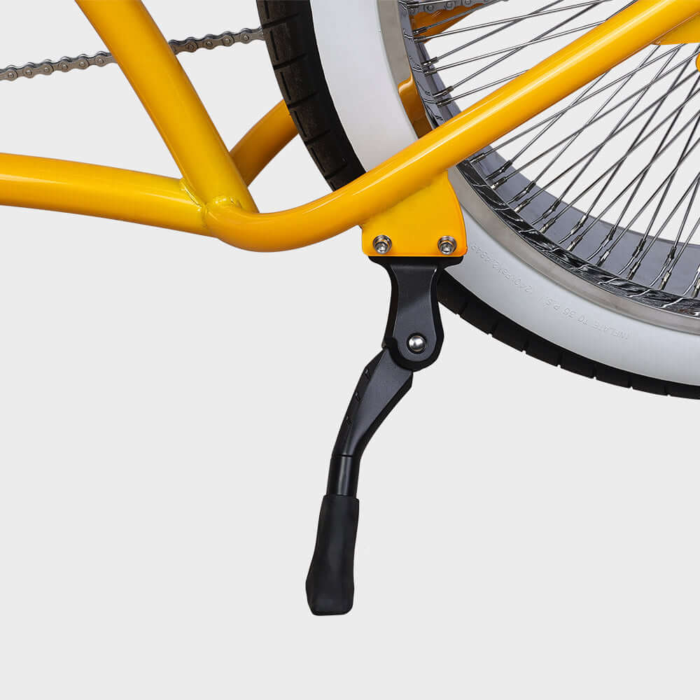 HRA-01B durable bicycle kickstand attached to a yellow bike frame, providing stability and support for parked bicycles.