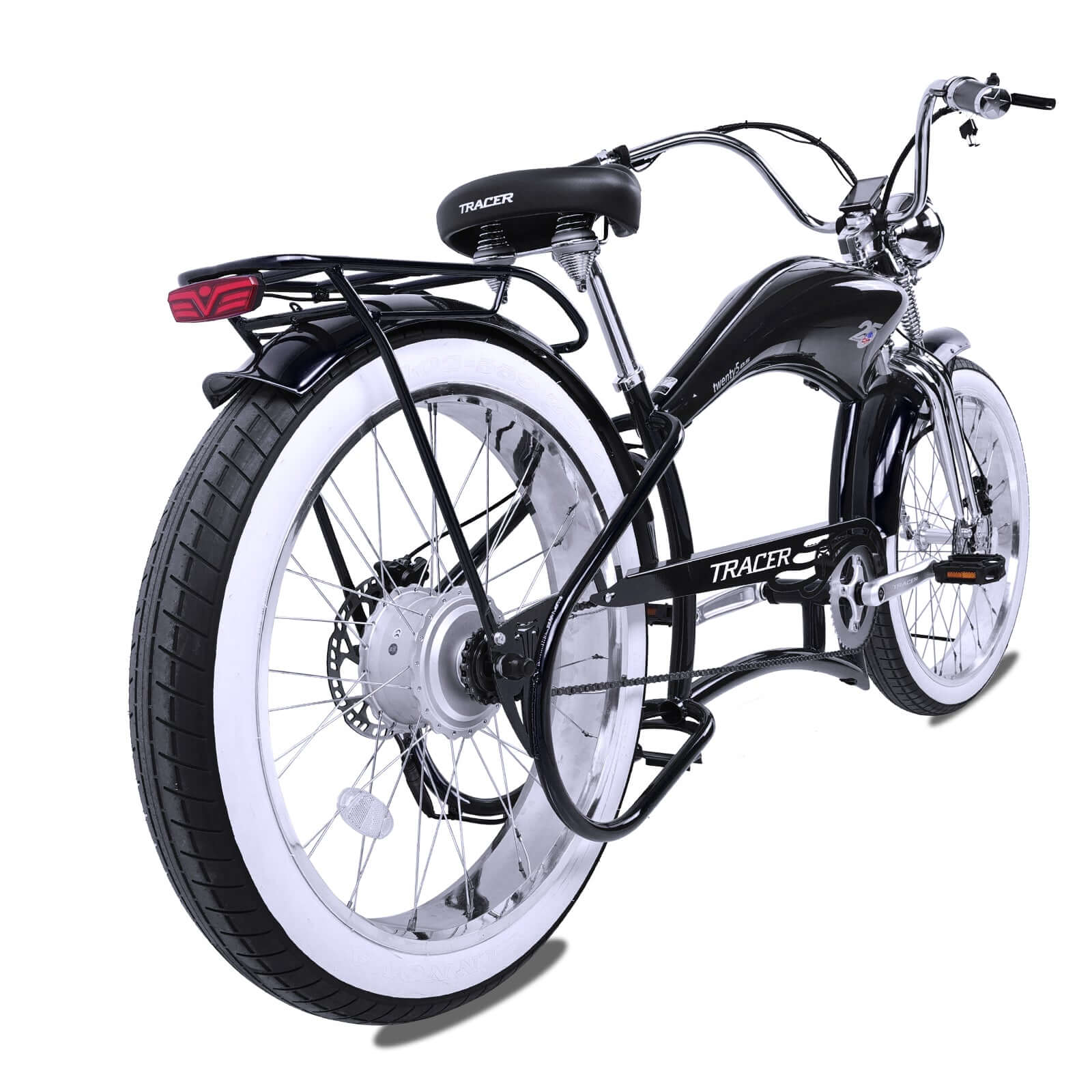 Rear view of the Twenty5 800W Chopper Stretch cruiser ebike, highlighting the rear disc brake and wide tires.