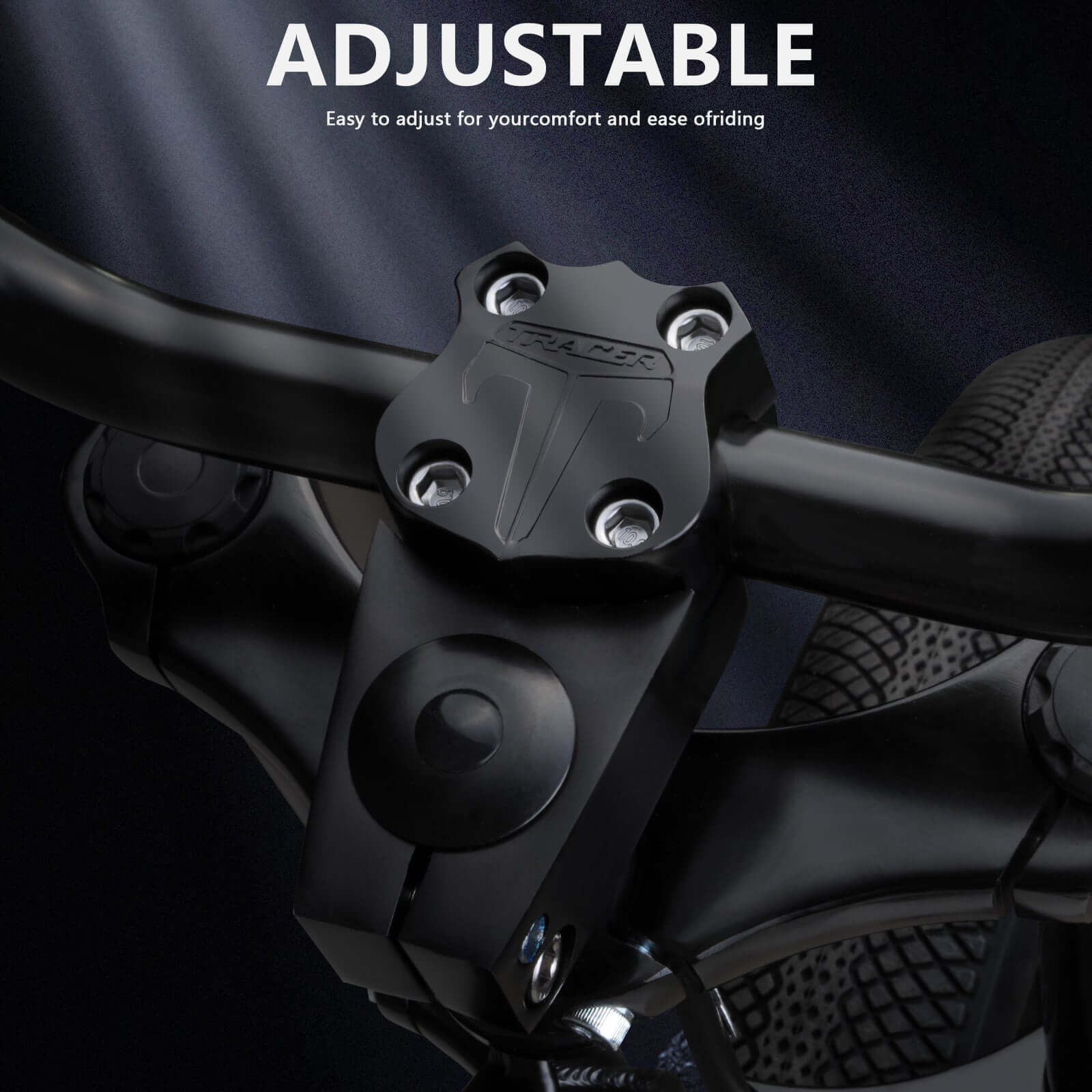 Close-up of the Tracer Arcadia GT Chopper Cruiser Bike's stem, highlighting Tracer's logo.