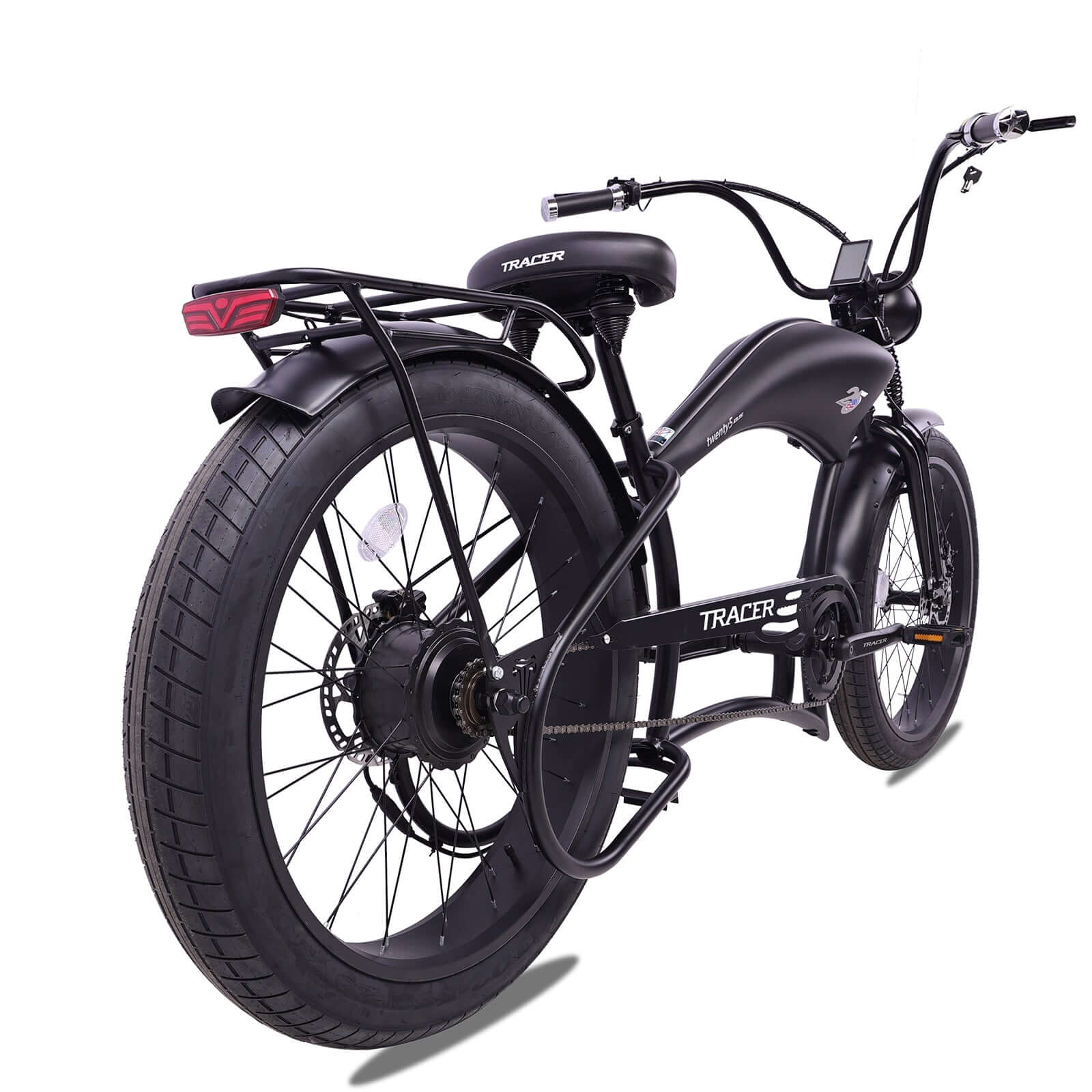 Rear view of the all black Twenty5 800W electric Stretched cruiser bike.