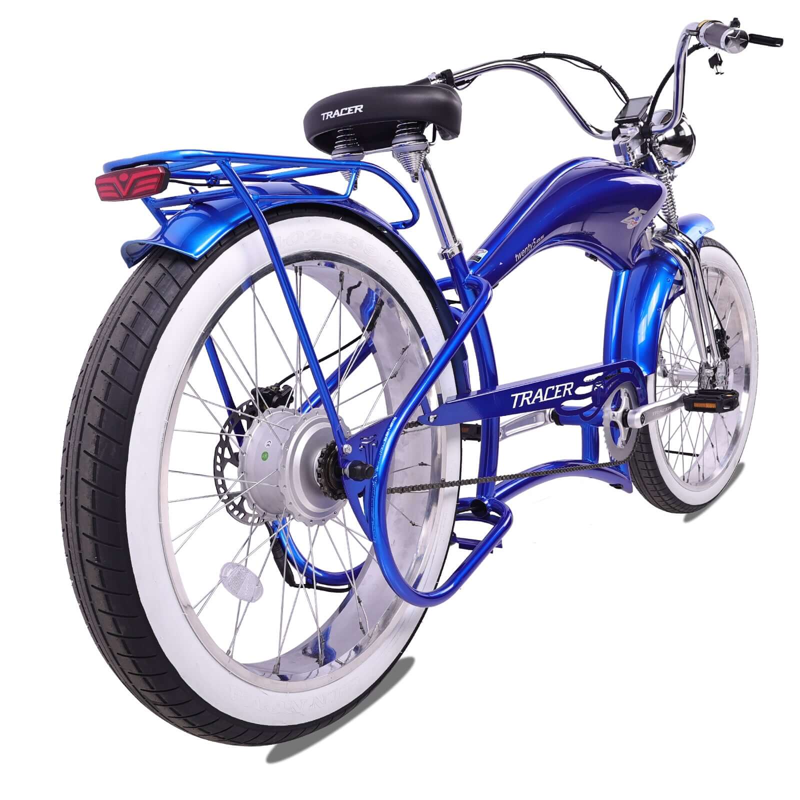 Rear view of the Twenty5 800W electric chopper bike with integrated motor.