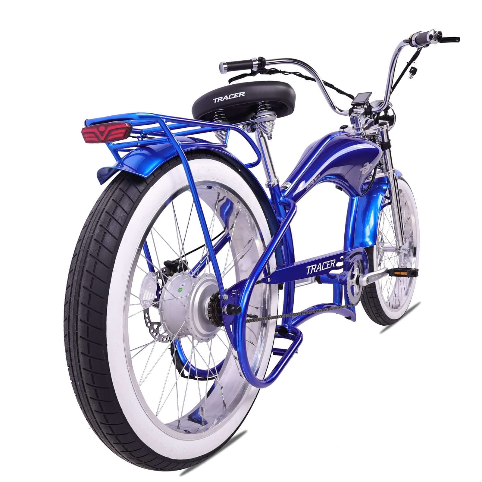 Rear view of the Twenty5 800W Chopper Stretch beach cruiser bicycle.