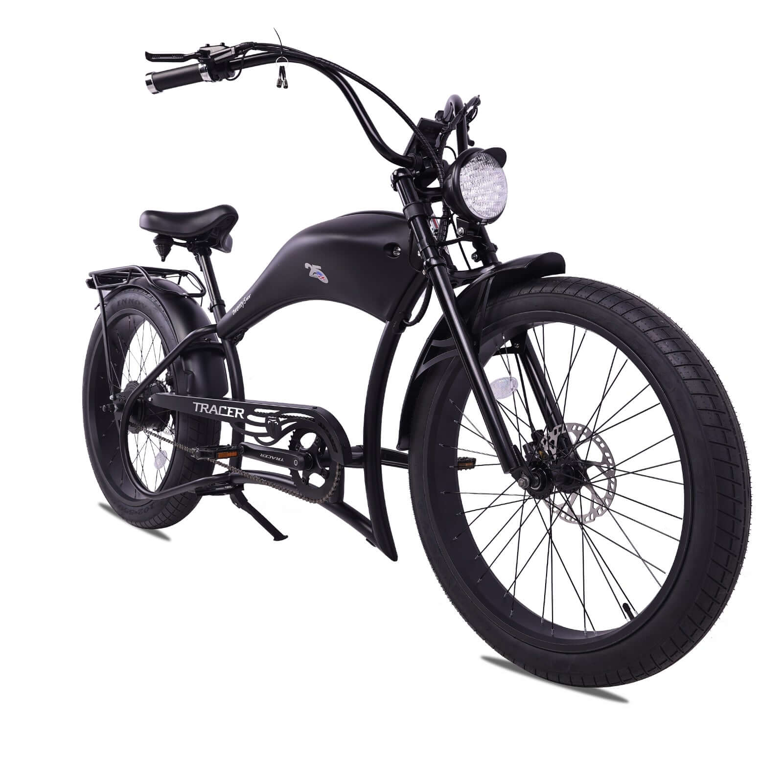 Front view of the all black Twenty5 800W Chopper Stretch cruiser ebike.