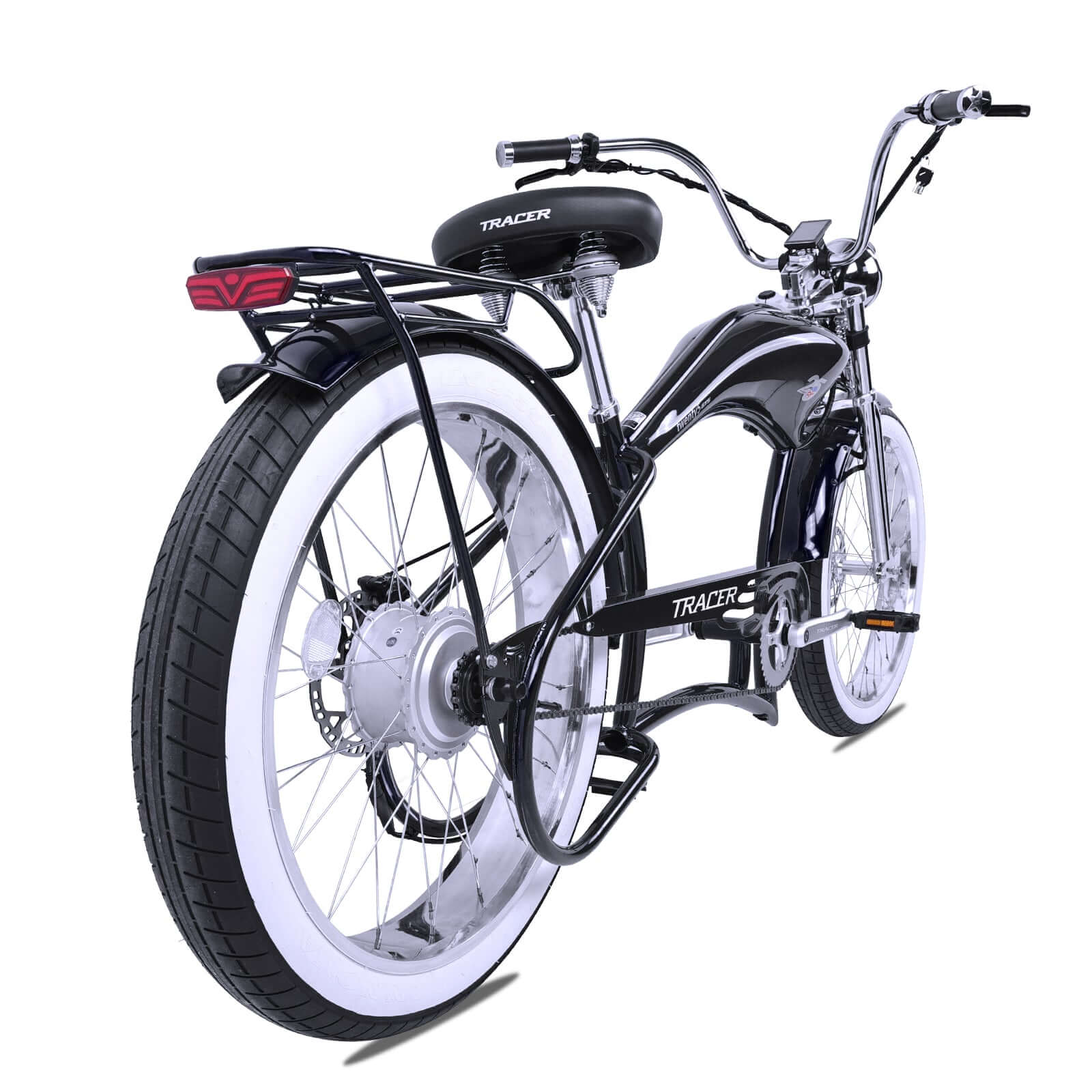 Rear view of the Twenty5 800W Chopper Stretched beach cruiser bike.