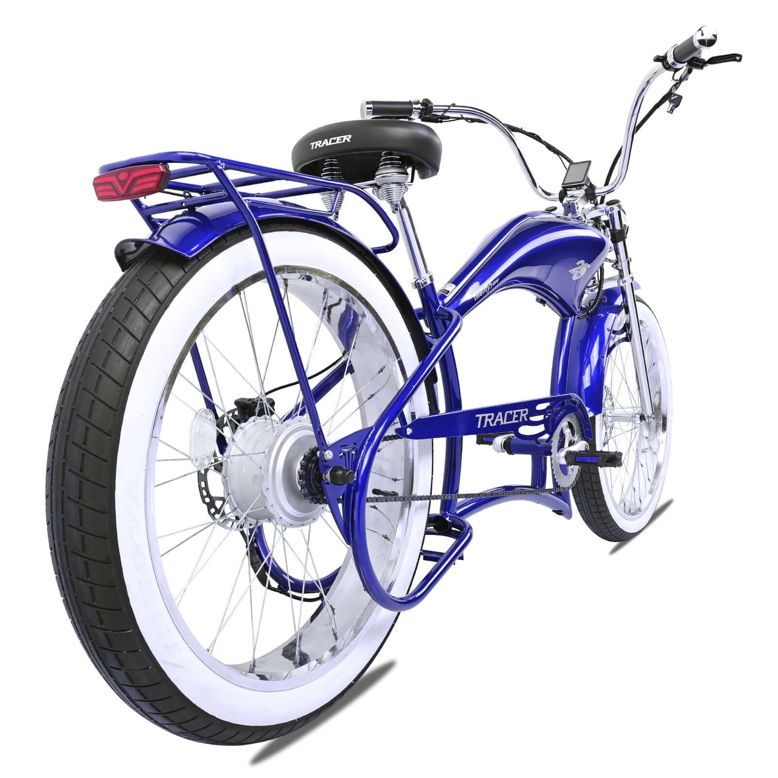 Rear view of the Twenty5 800W Electric Chopper bike.