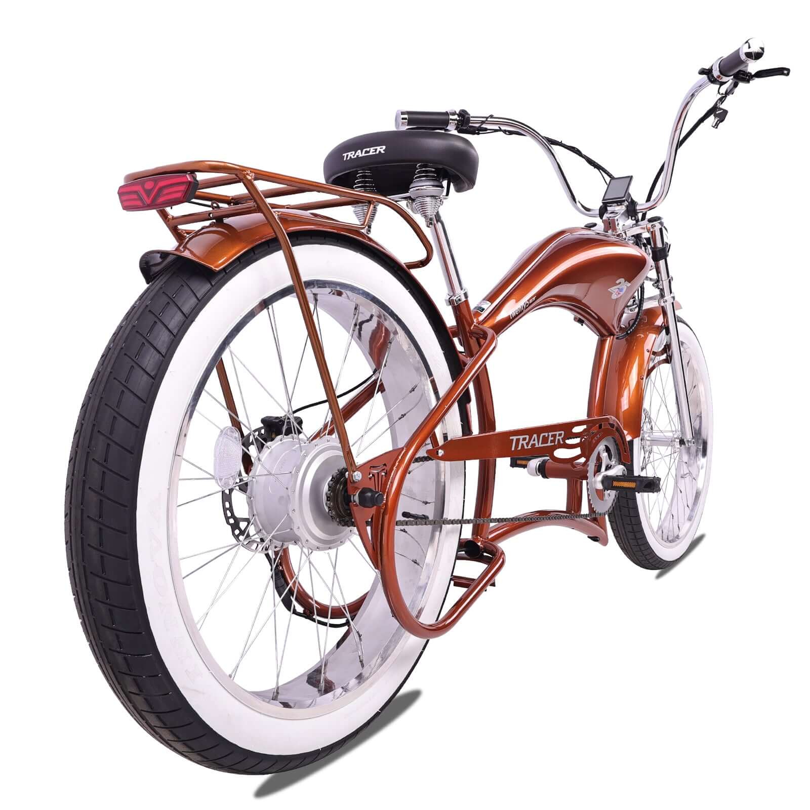 Rear view of the Twenty5 800W Chopper Stretch cruiser ebike with fat tires for cruising.