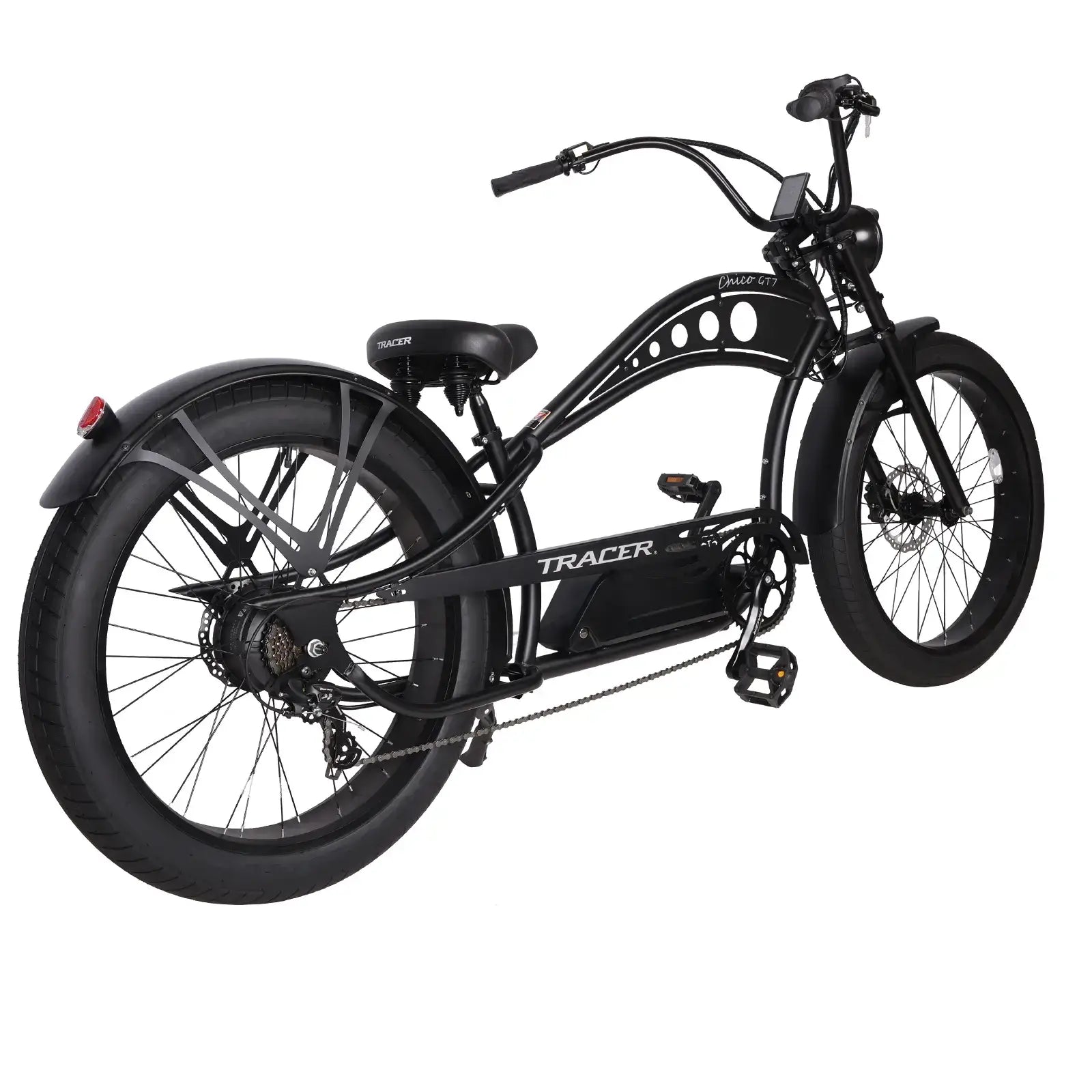 Rear view of the black Chico GT7 750W Stretch Cruiser Ebike.