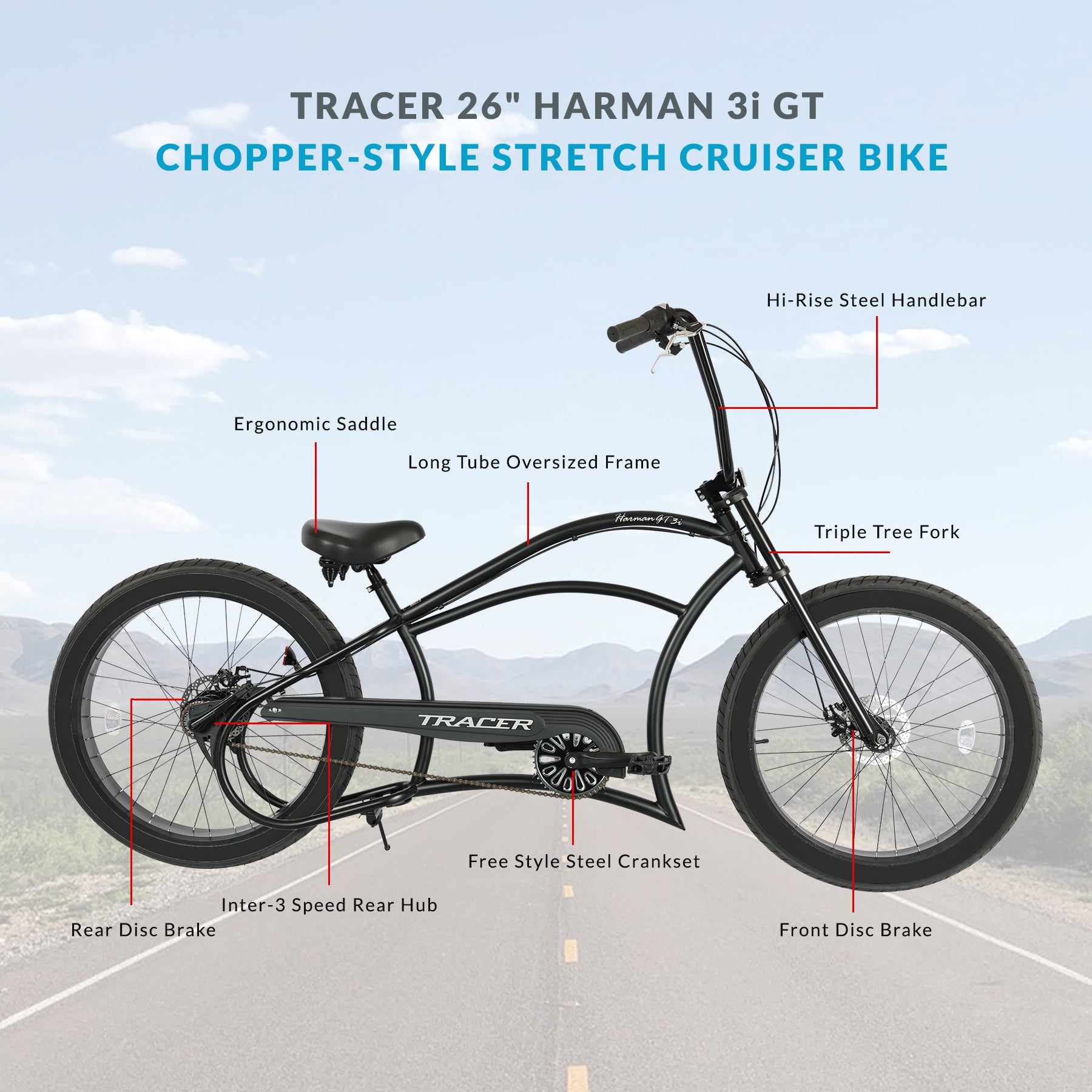 Tracer Harman 3i 26'' Vintage Internal 3-Speed Chopper Stretch Fat Tire Bike