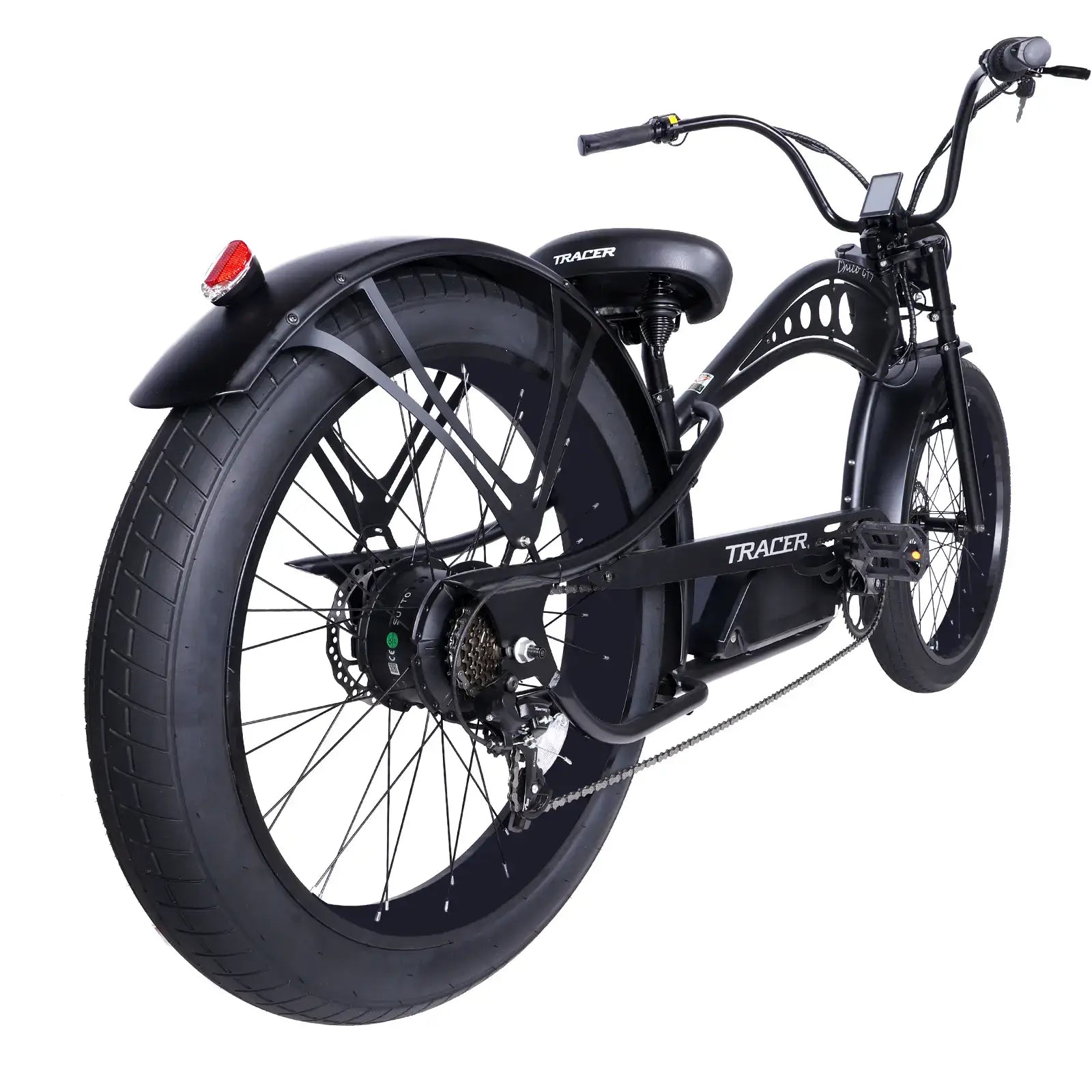 Rear view of the Chico GT7 750W Stretched Beach Cruiser Ebike, showcasing the fat tire and all black rim.