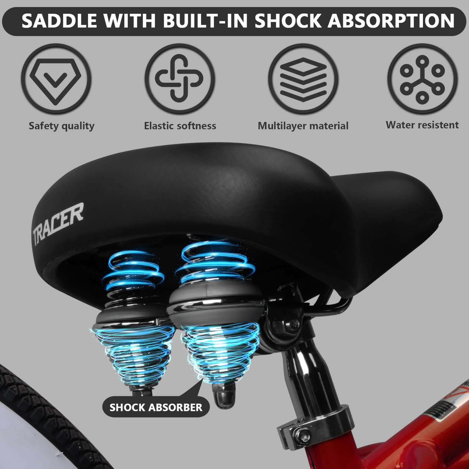 Detailed shot of Tracer Arcadia GT7 26” Chopper Cruiser Stretch Bike's saddle with two shock absorbers.