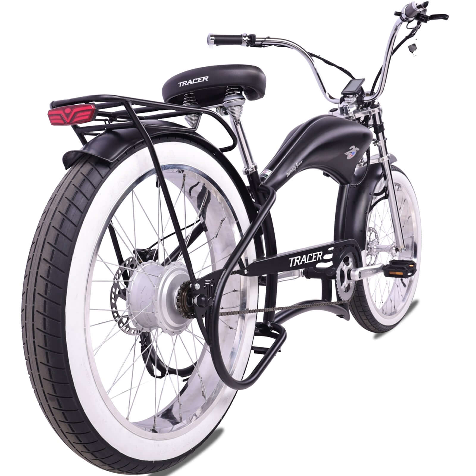 Rear view of the Twenty5 800W Chopper Stretch cruiser ebike, highlighting the rear disc brake and wide tires.