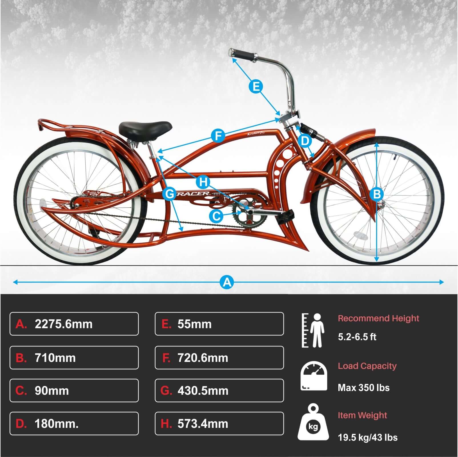 Full view of Kraken Pro 26" Stretch Beach Cruiser Bike Single Speed, with detailed specifications below.