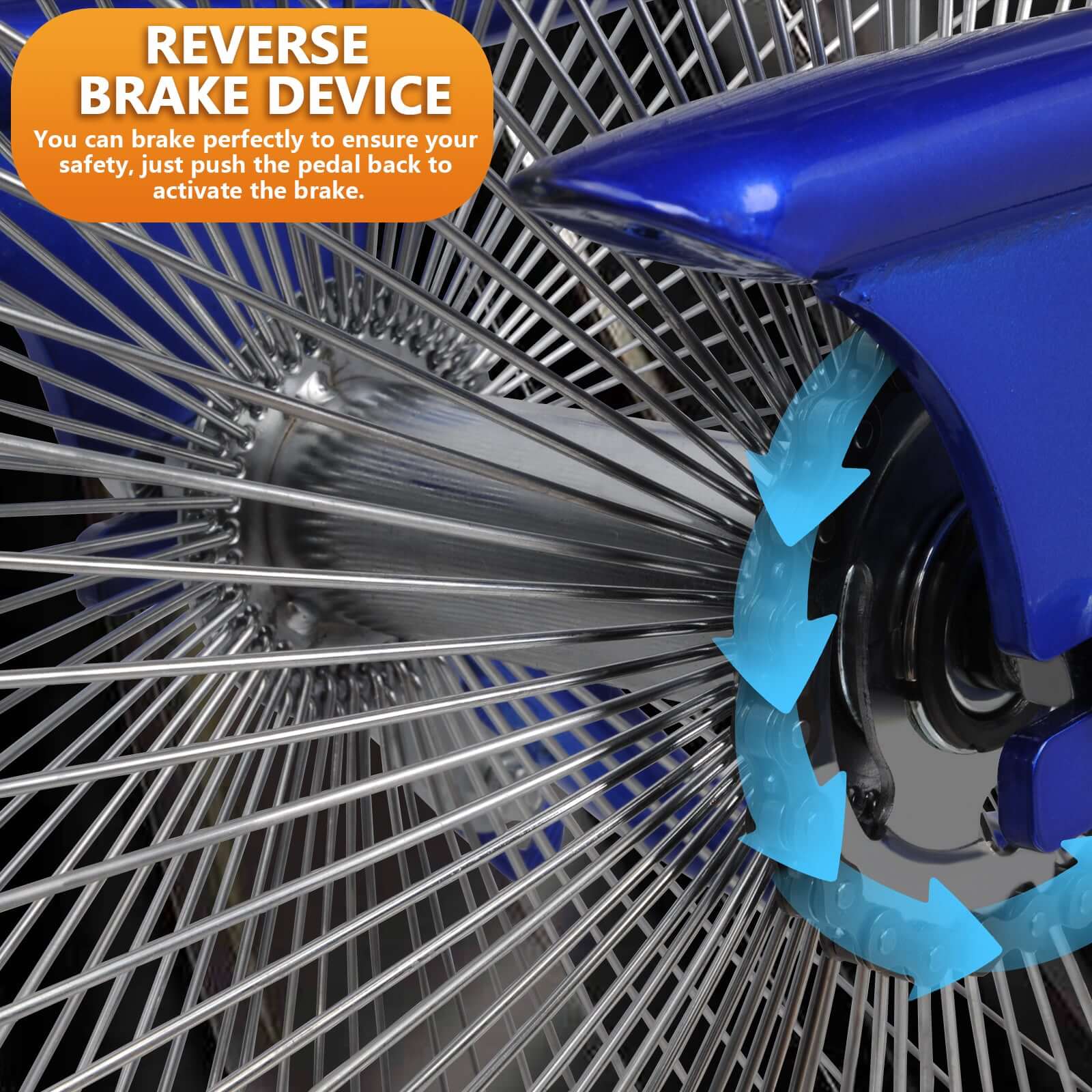 Close-up of the blue Tracer Beacon Pro 140H Stretch Cruiser Bike's rear braking system.