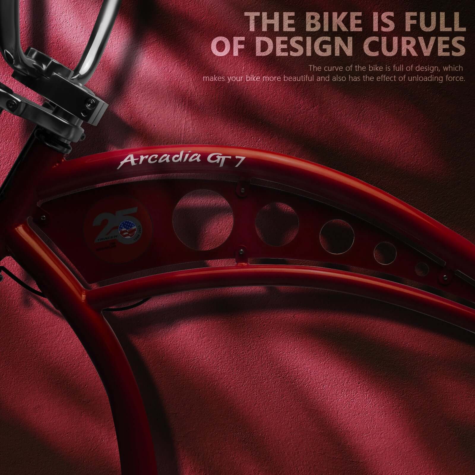 Close-up of the Tracer Arcadia GT7 26” Beach Cruiser Bike's elegant frame.