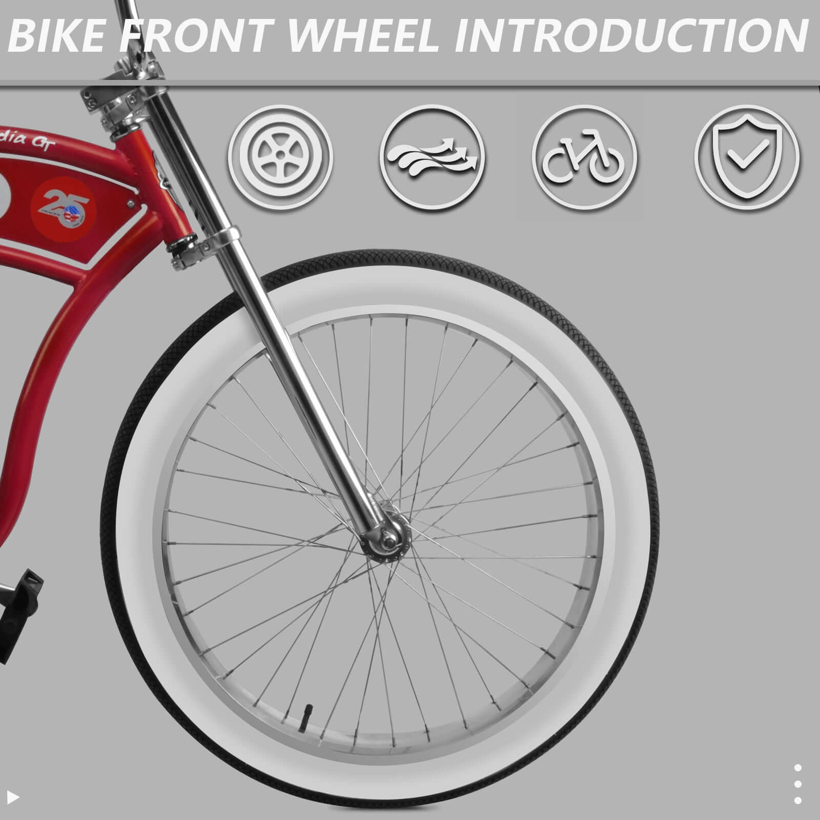 Close shot of the Tracer Arcadia GT7 26” Chopper Cruiser Stretch Bike's front wheel.