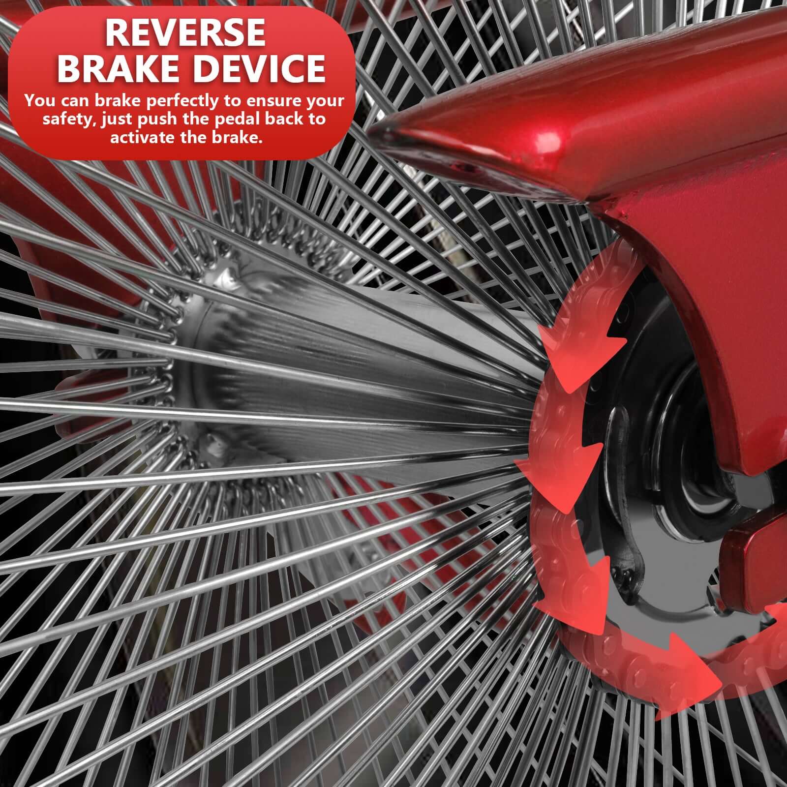 Close-up of Tracer Beacon Pro 140H Stretch Cruiser Bike's rear braking system and spokes.