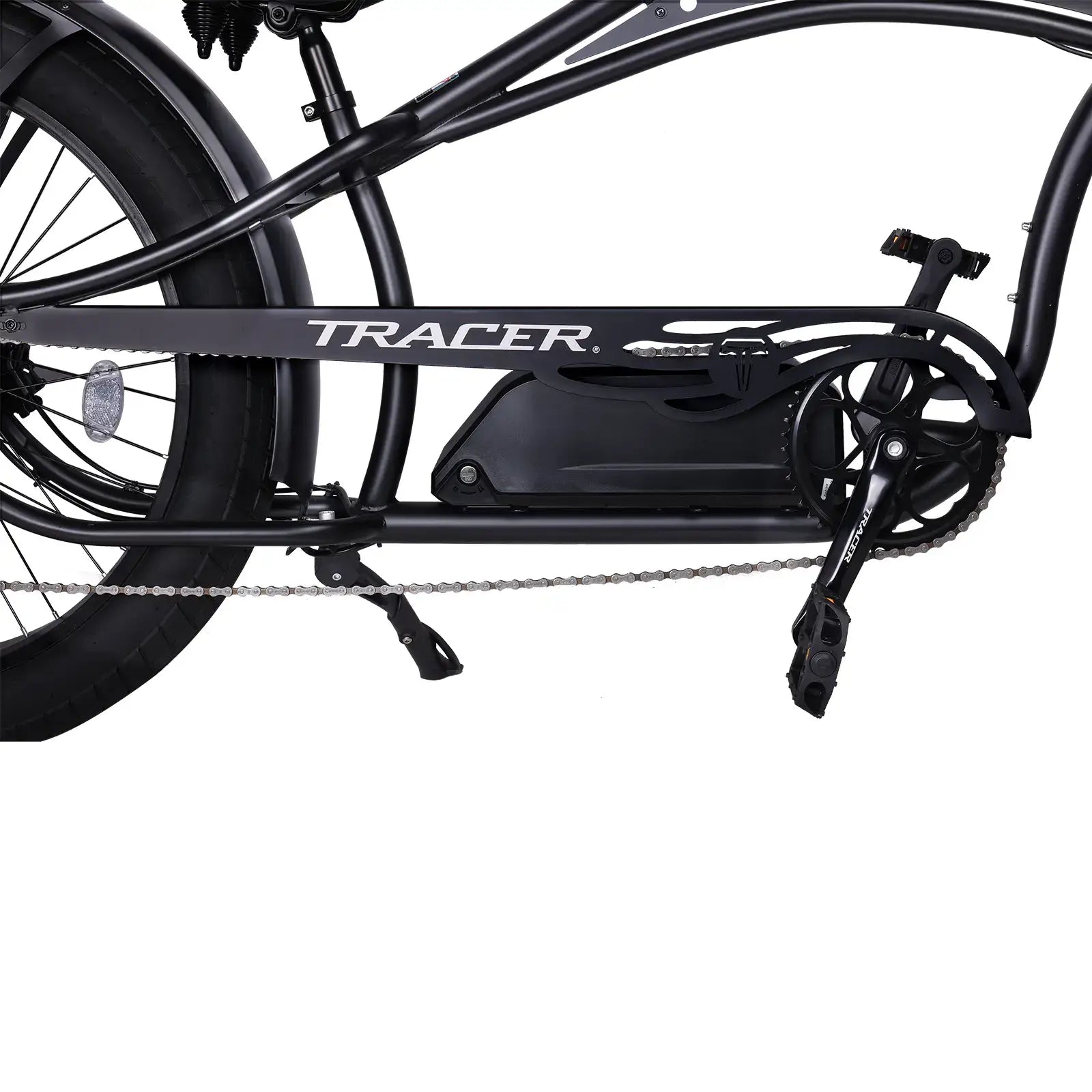 Full view of the Chico GT7 750W Stretch Beach Cruiser Ebike's drivetrain.